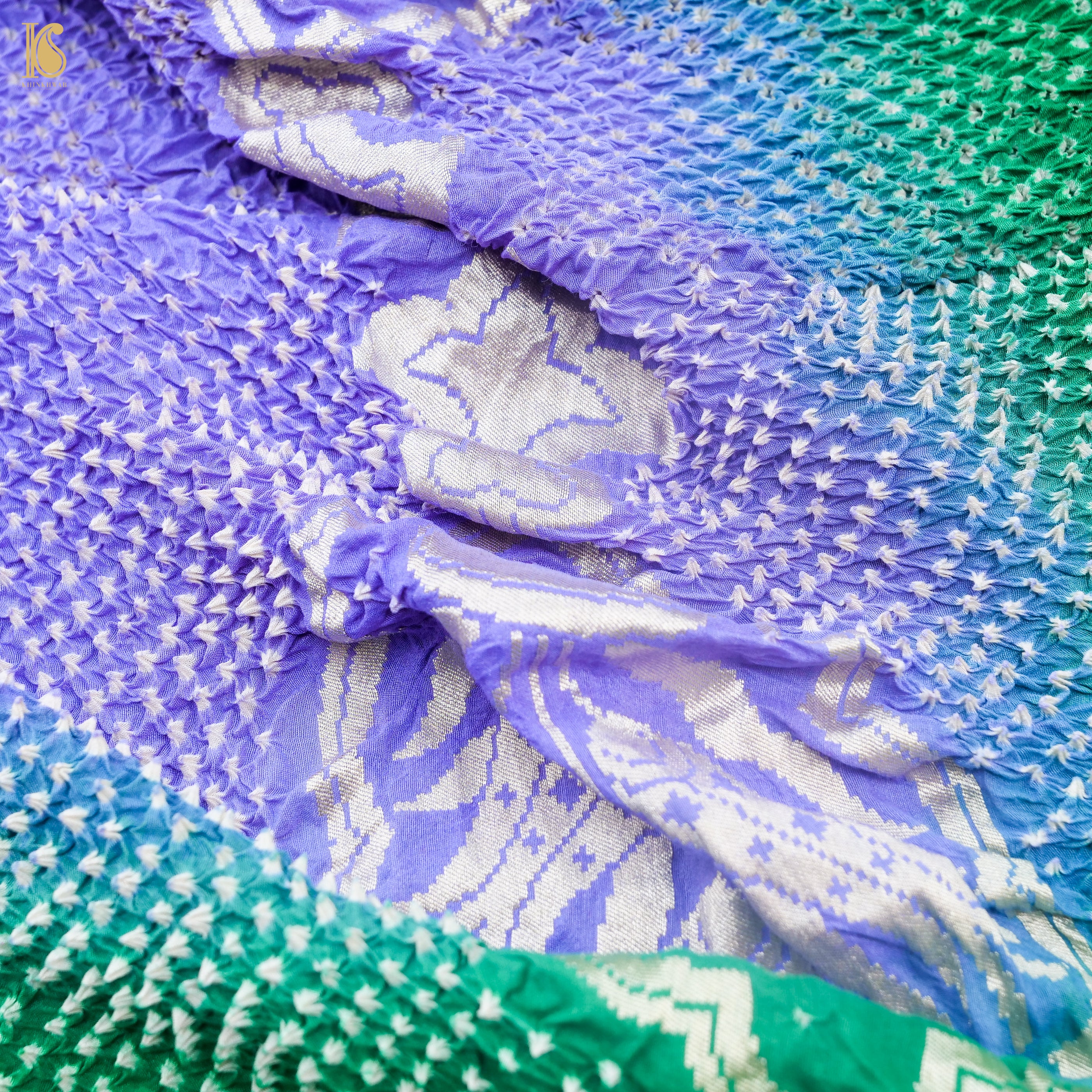 Preorder - Green & Purple Handwoven Bandhani Pure Moonga Silk Turkish Saree - Khinkhwab