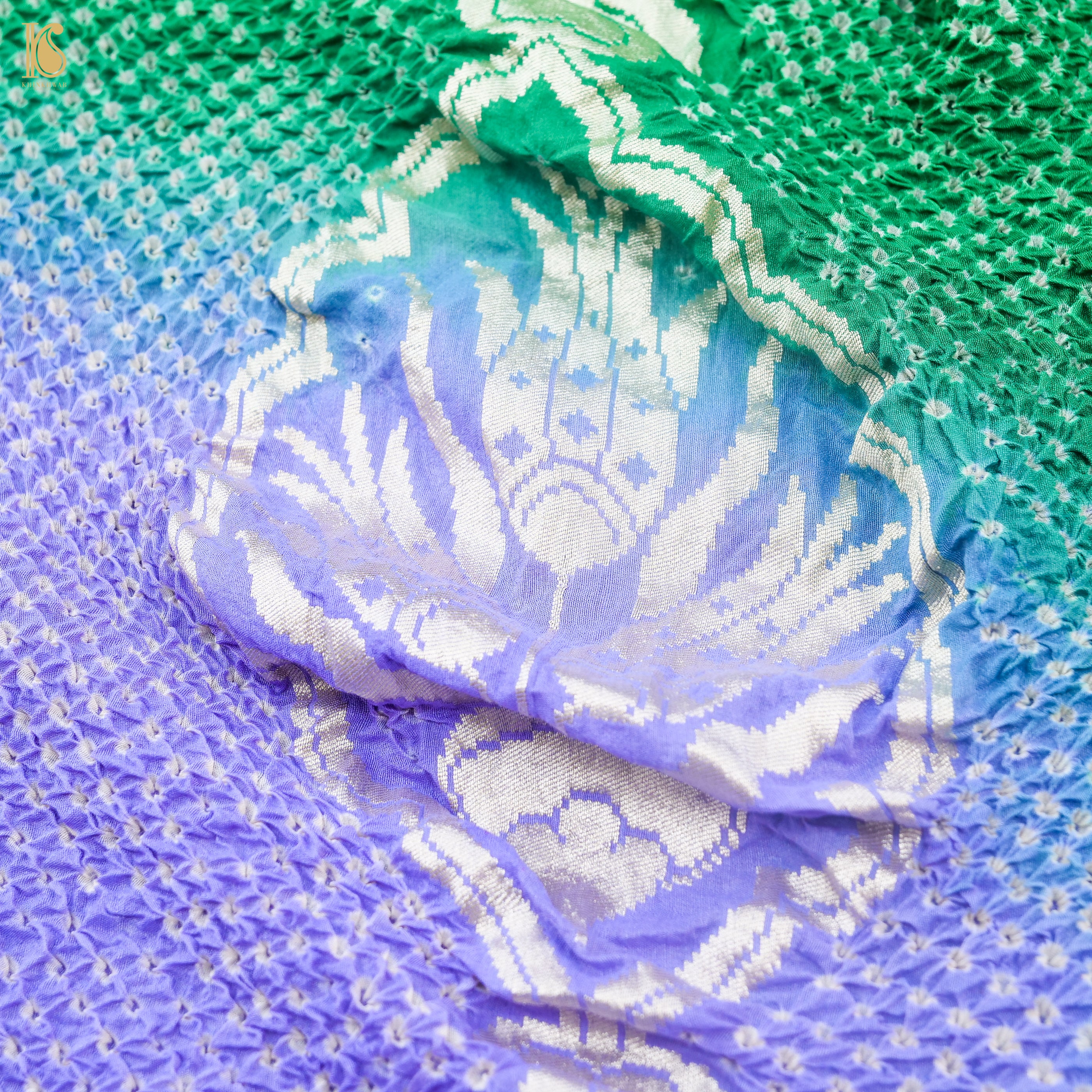 Preorder - Green & Purple Handwoven Bandhani Pure Moonga Silk Turkish Saree - Khinkhwab
