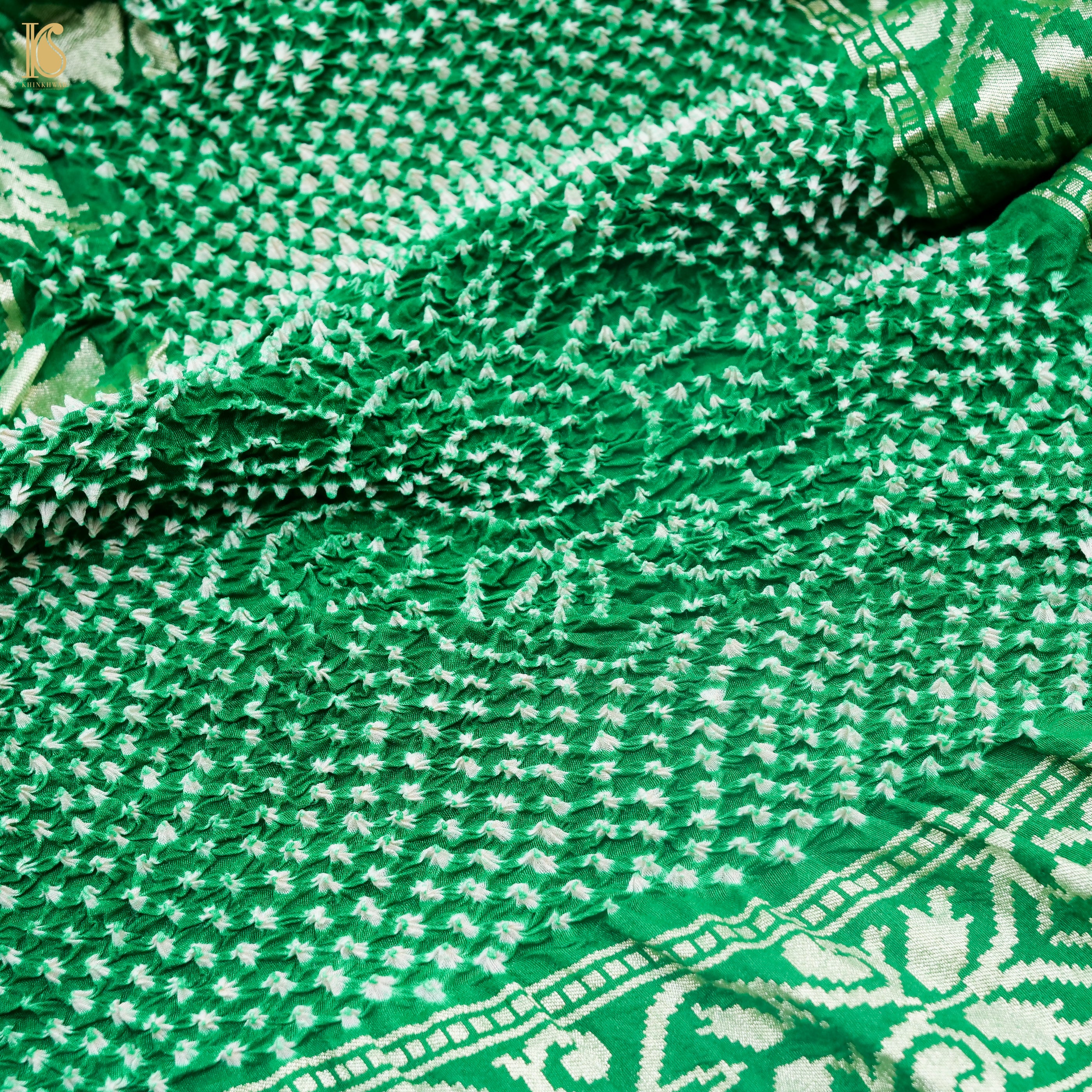 Preorder - Green & Purple Handwoven Bandhani Pure Moonga Silk Turkish Saree - Khinkhwab