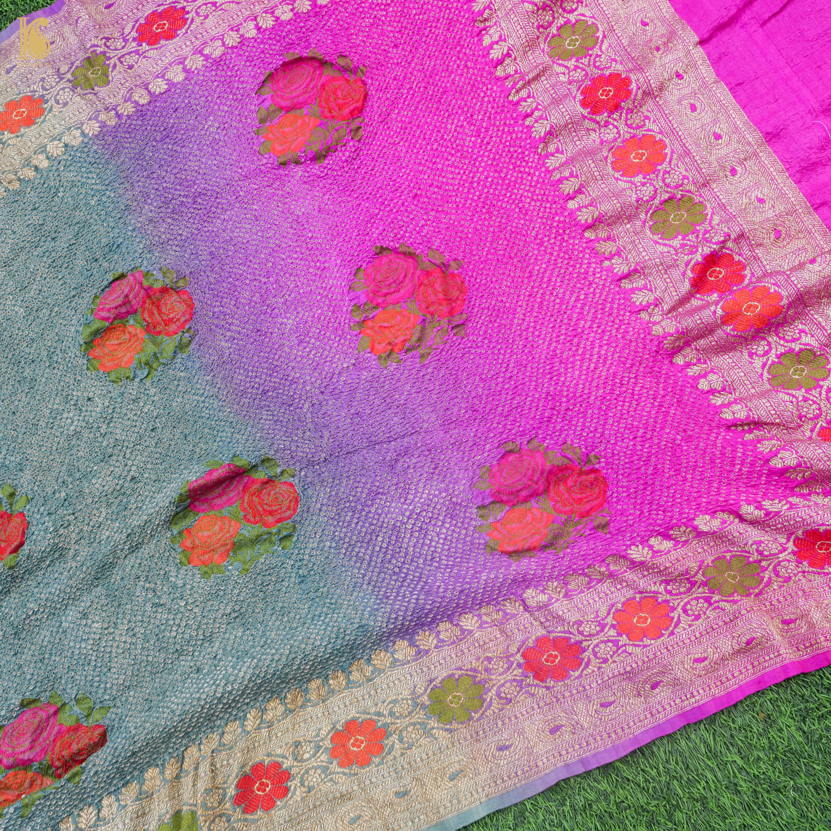 Shaded Handloom Pure Tussar Silk Banarasi Rose Bandhani Dupatta - Khinkhwab