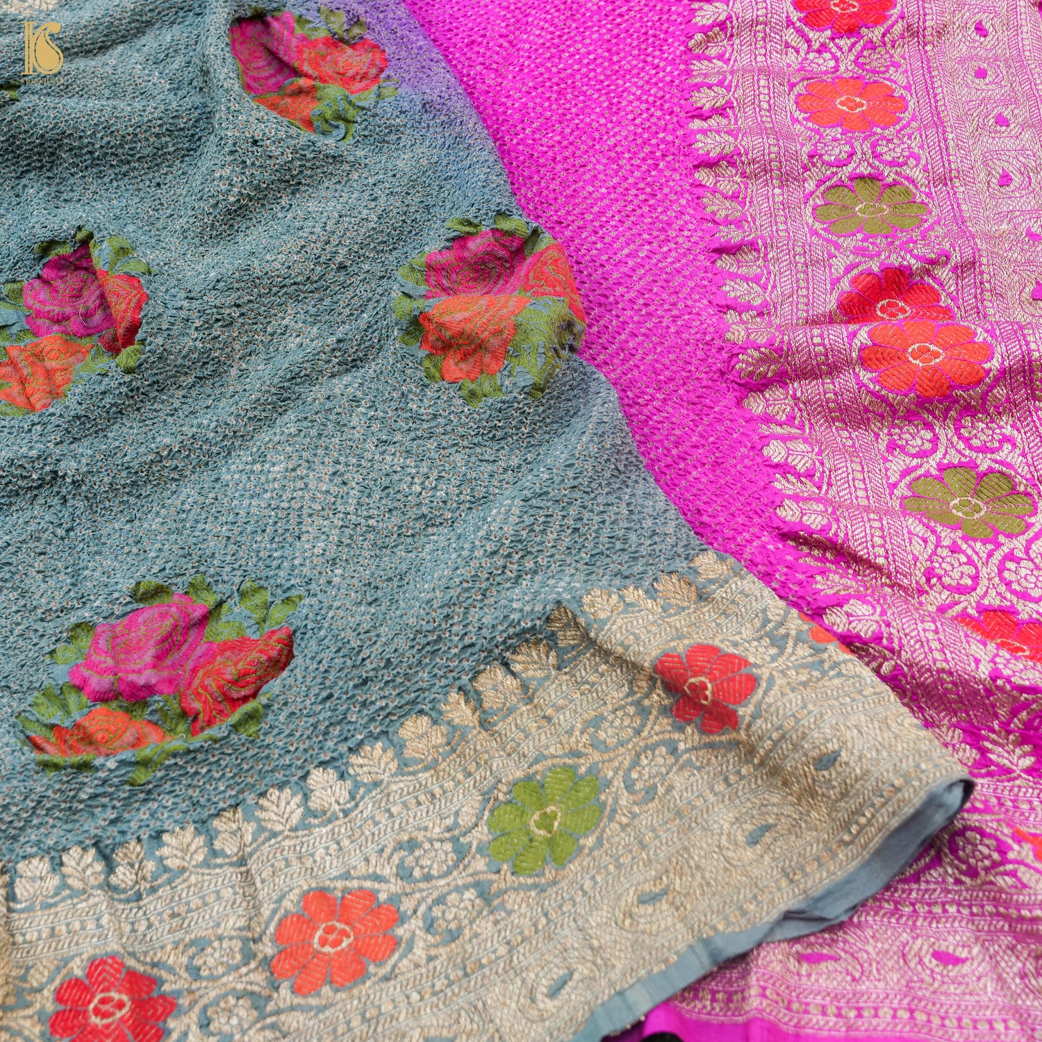 Shaded Handloom Pure Tussar Silk Banarasi Rose Bandhani Dupatta - Khinkhwab