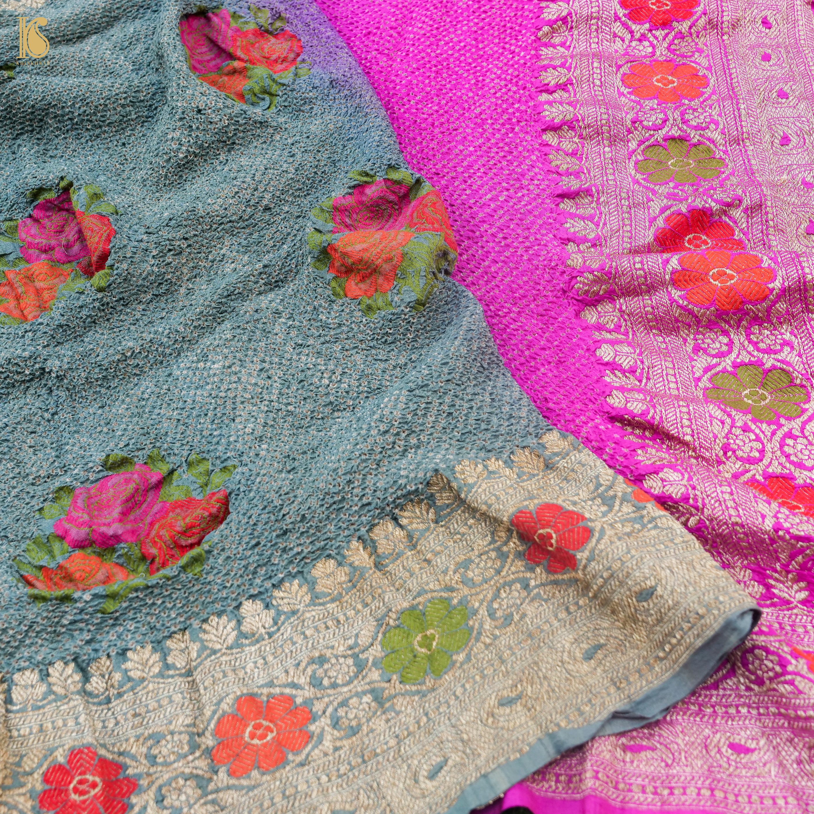 Shaded Handloom Pure Tussar Silk Banarasi Rose Bandhani Dupatta - Khinkhwab