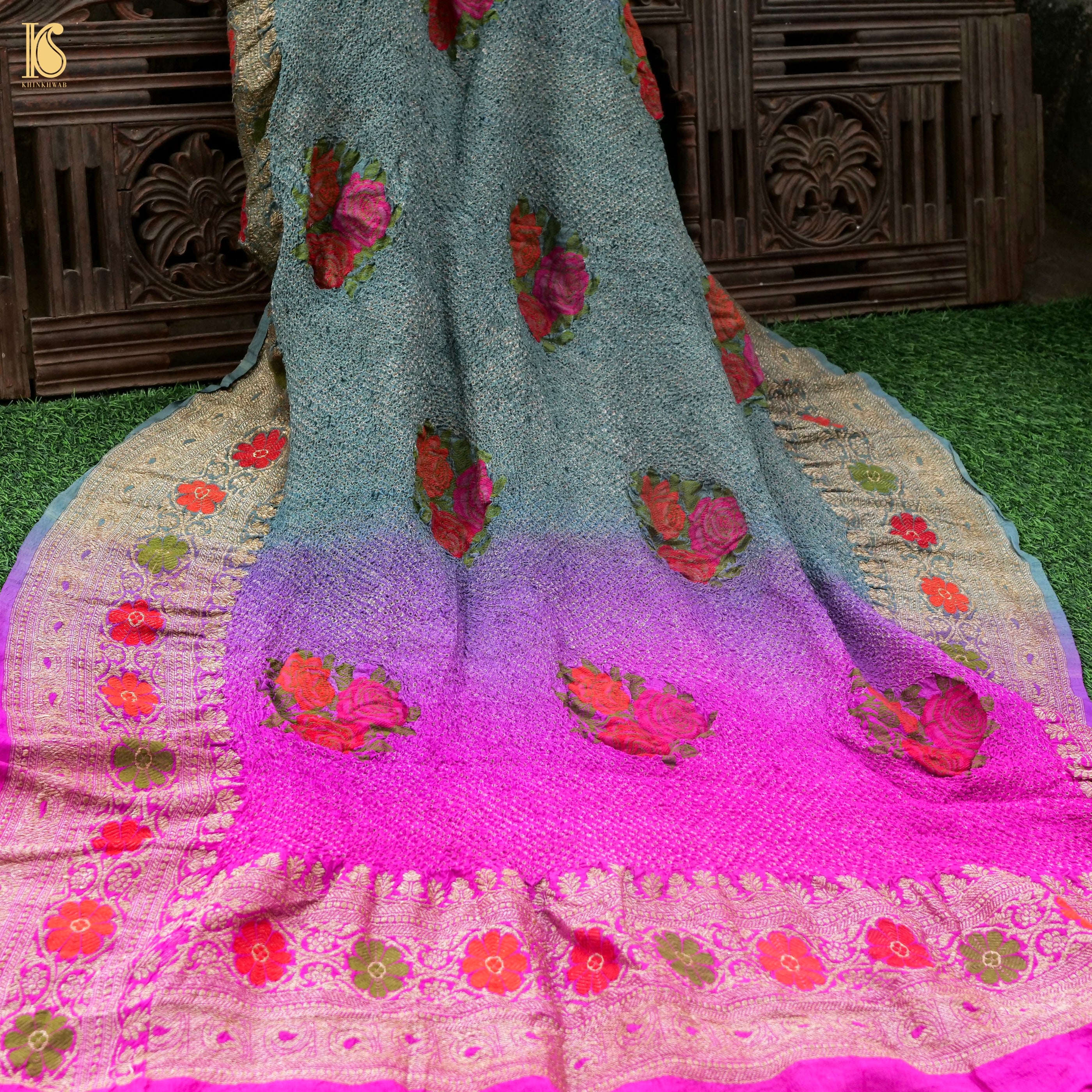 Shaded Handloom Pure Tussar Silk Banarasi Rose Bandhani Dupatta - Khinkhwab