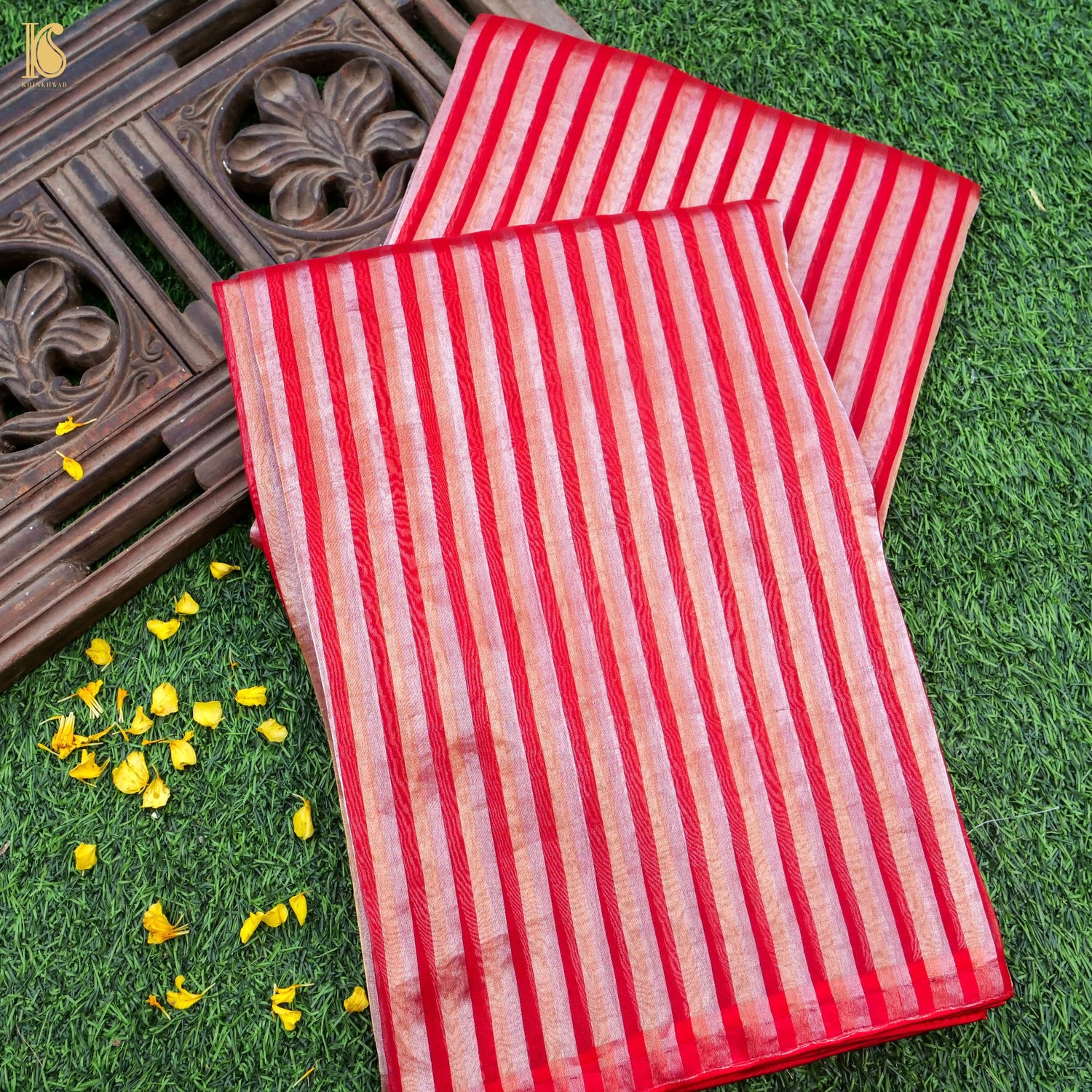 Red Pure Banarasi Kora by Tissue Stripes Saree - Khinkhwab