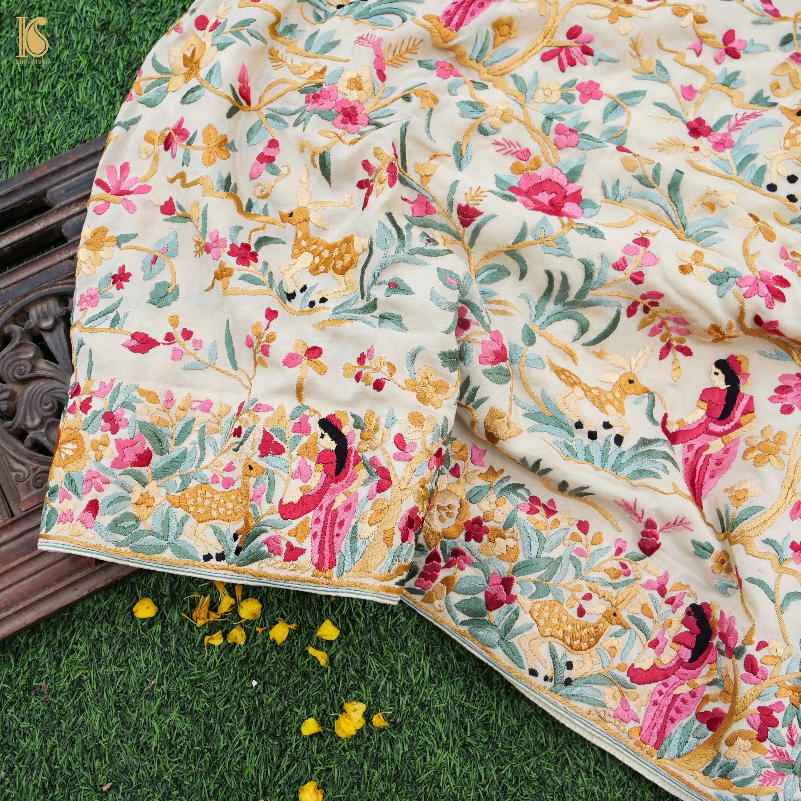 Pearl White Handcrafted Parsi Gara Pure Crepe Jaal Saree - Khinkhwab
