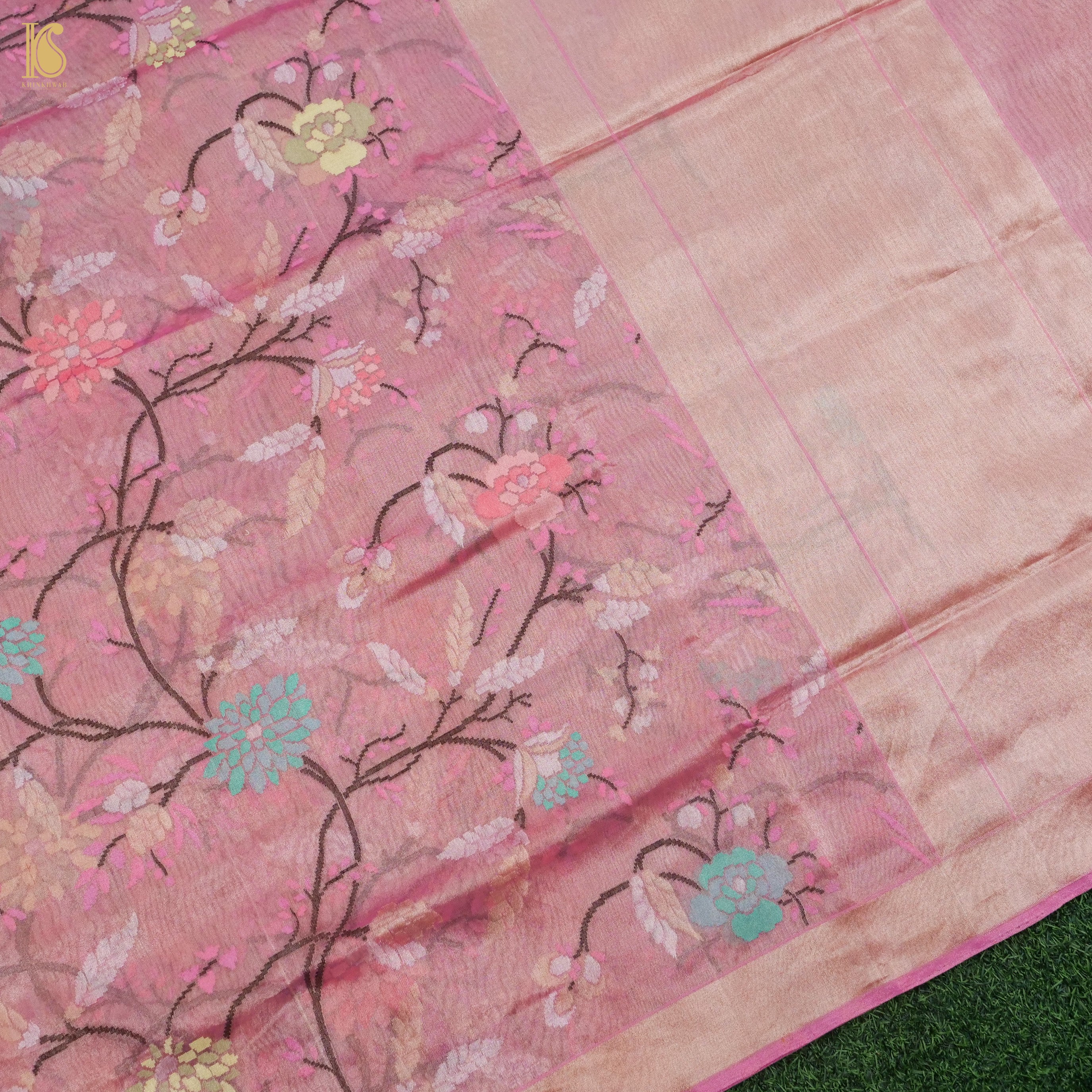 Charm Pink Pure Tissue Silk Real Silver Zari Handloom Banarasi Saree - Khinkhwab