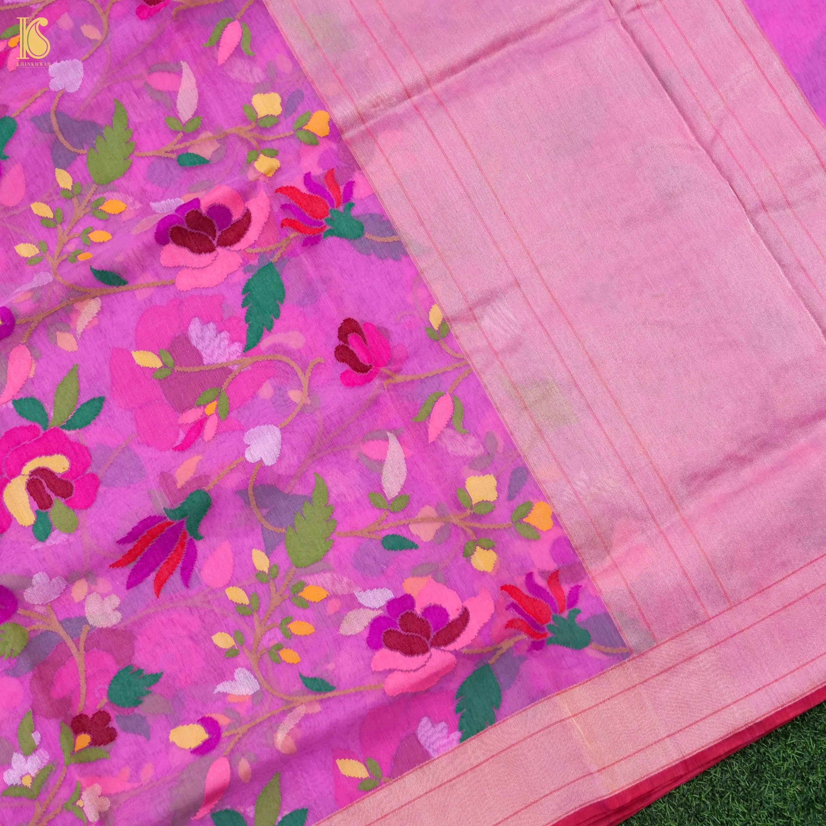 Orchid Pink Handwoven Pure Cotton Real Silver Zari Banarasi Saree - Khinkhwab
