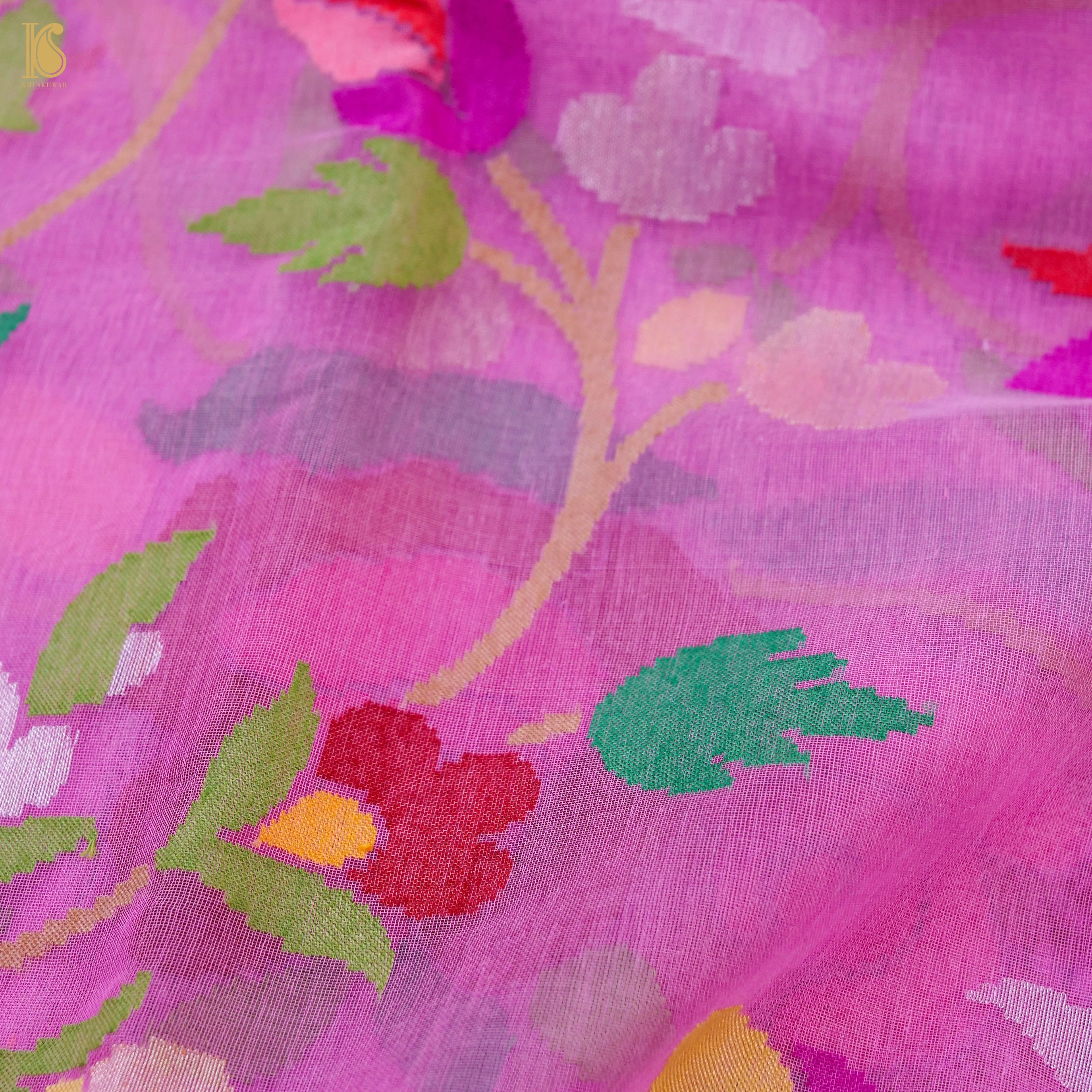 Orchid Pink Handwoven Pure Cotton Real Silver Zari Banarasi Saree - Khinkhwab