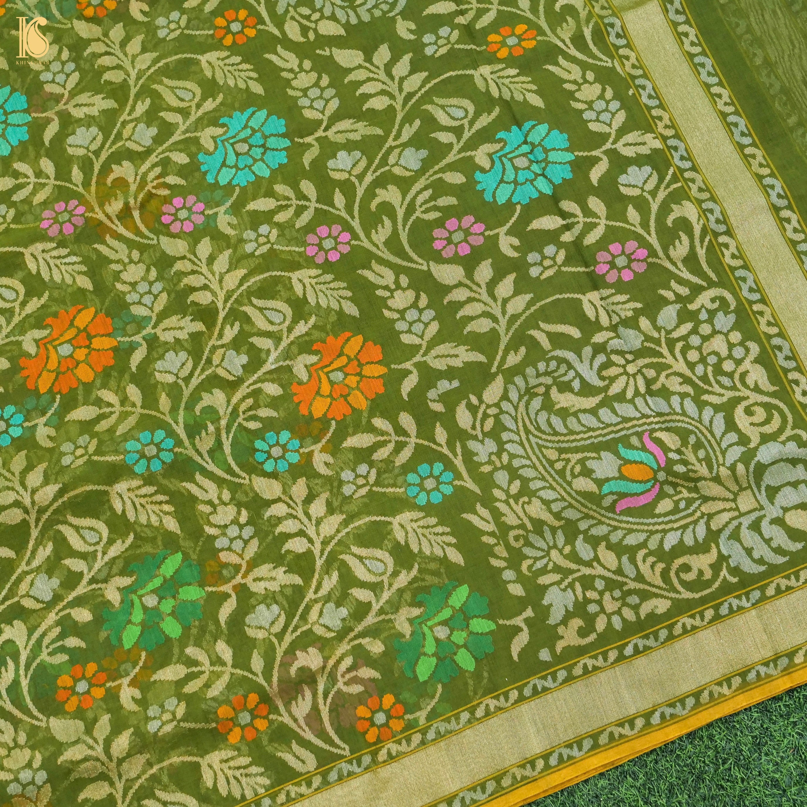 Green Leaf Handwoven Pure Cotton Real Silver Zari Banarasi Saree - Khinkhwab