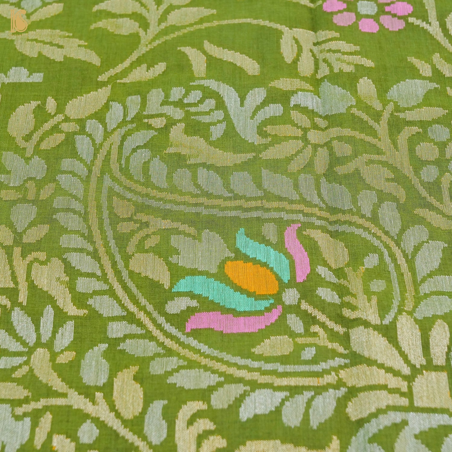 Green Leaf Handwoven Pure Cotton Real Silver Zari Banarasi Saree - Khinkhwab