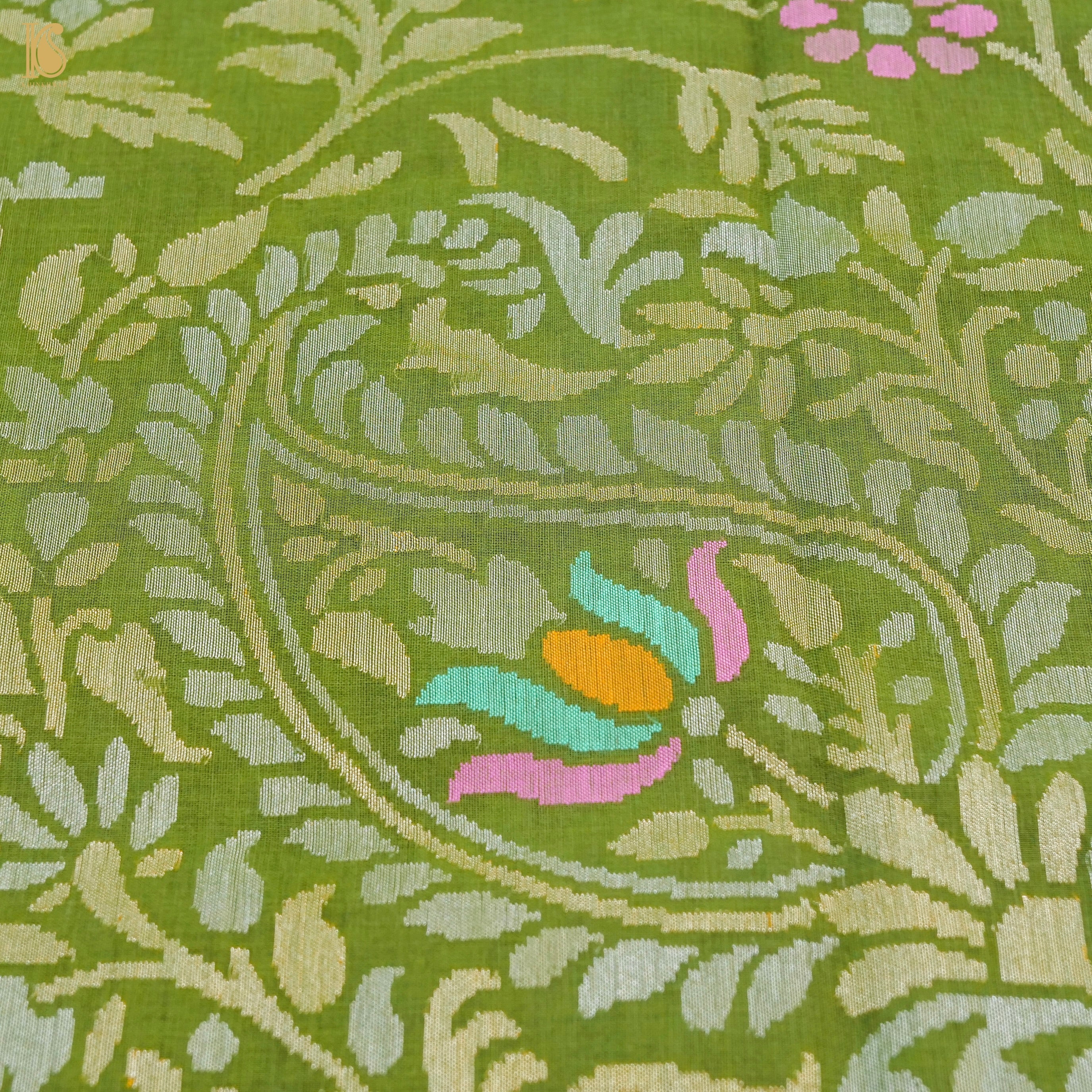 Green Leaf Handwoven Pure Cotton Real Silver Zari Banarasi Saree - Khinkhwab