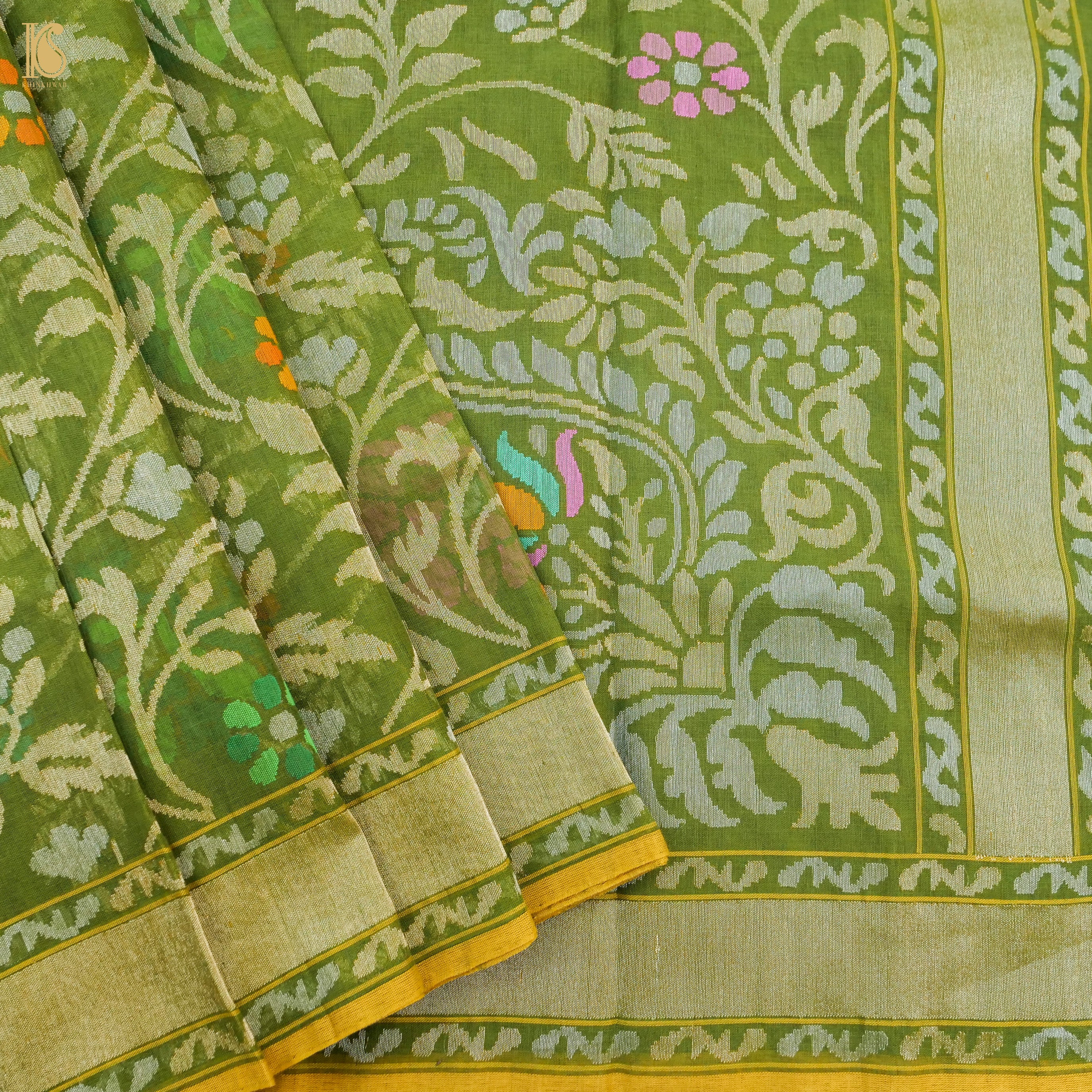Green Leaf Handwoven Pure Cotton Real Silver Zari Banarasi Saree - Khinkhwab