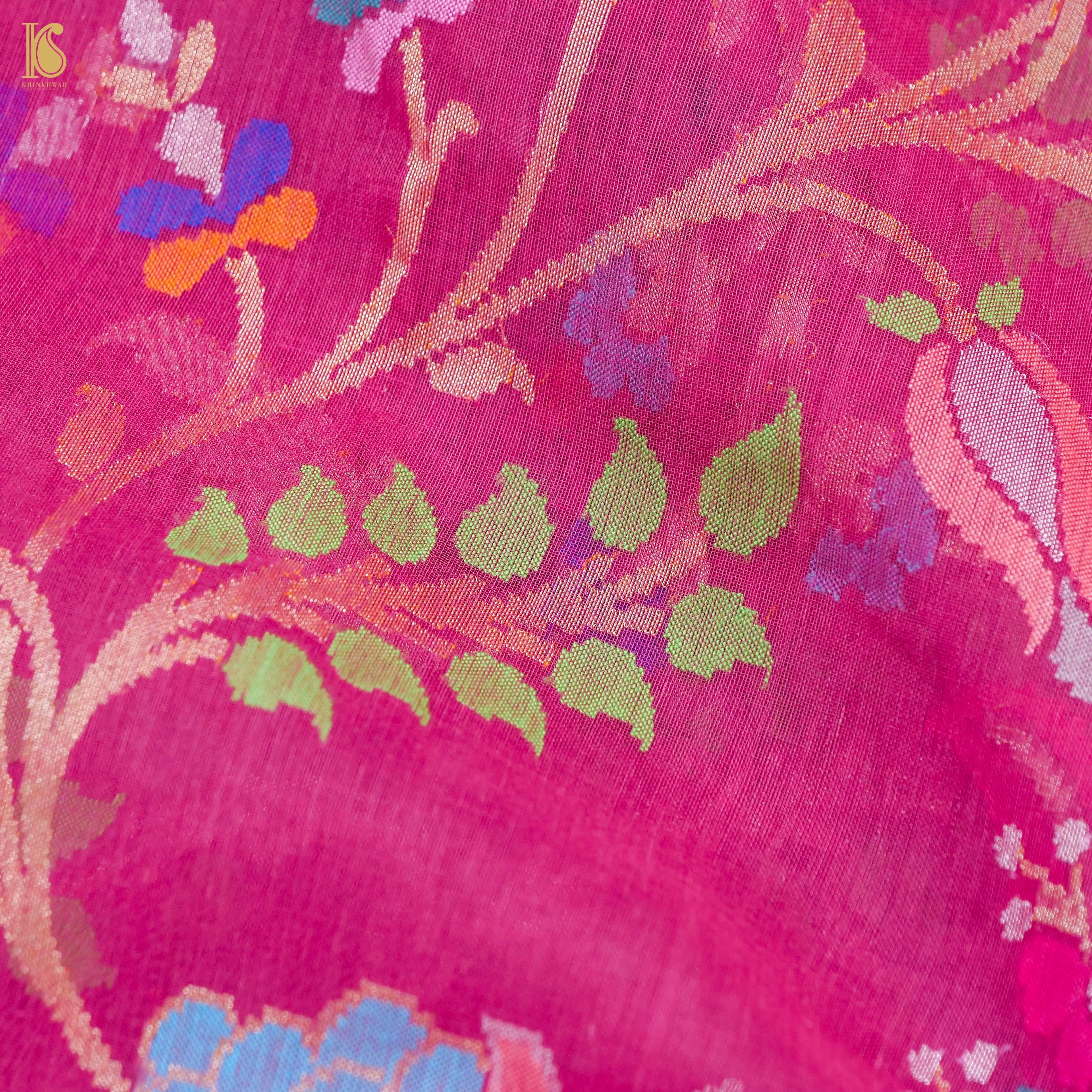 Mulberry Pink Handwoven Pure Cotton Real Silver Zari Banarasi Saree - Khinkhwab