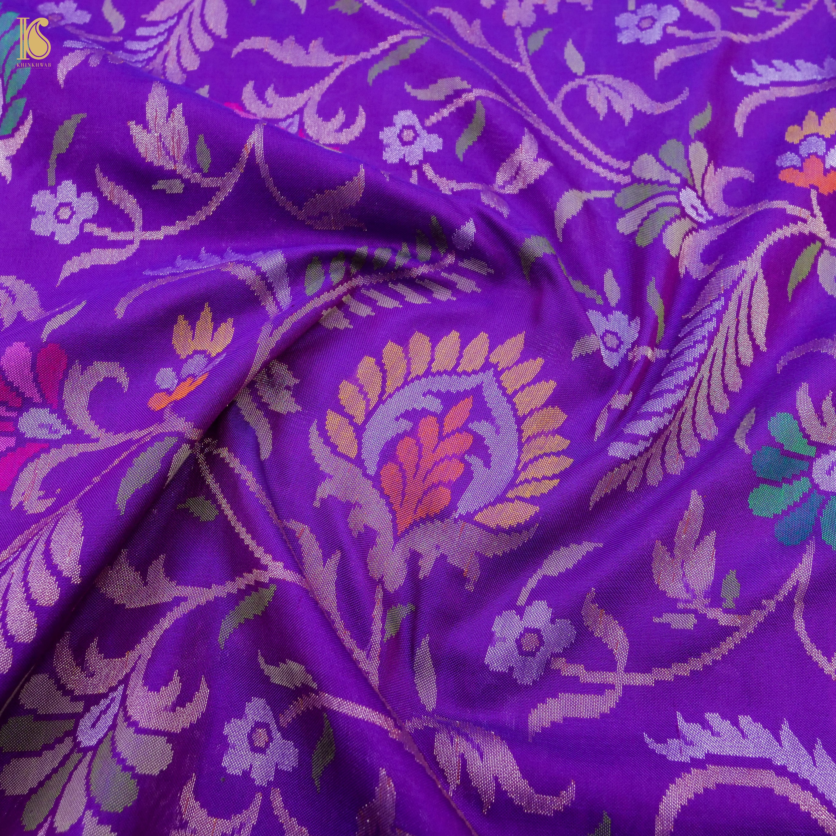 Purple Handwoven Pure Silk Real Zari Banarasi Meenakari Jamdani Saree - Khinkhwab