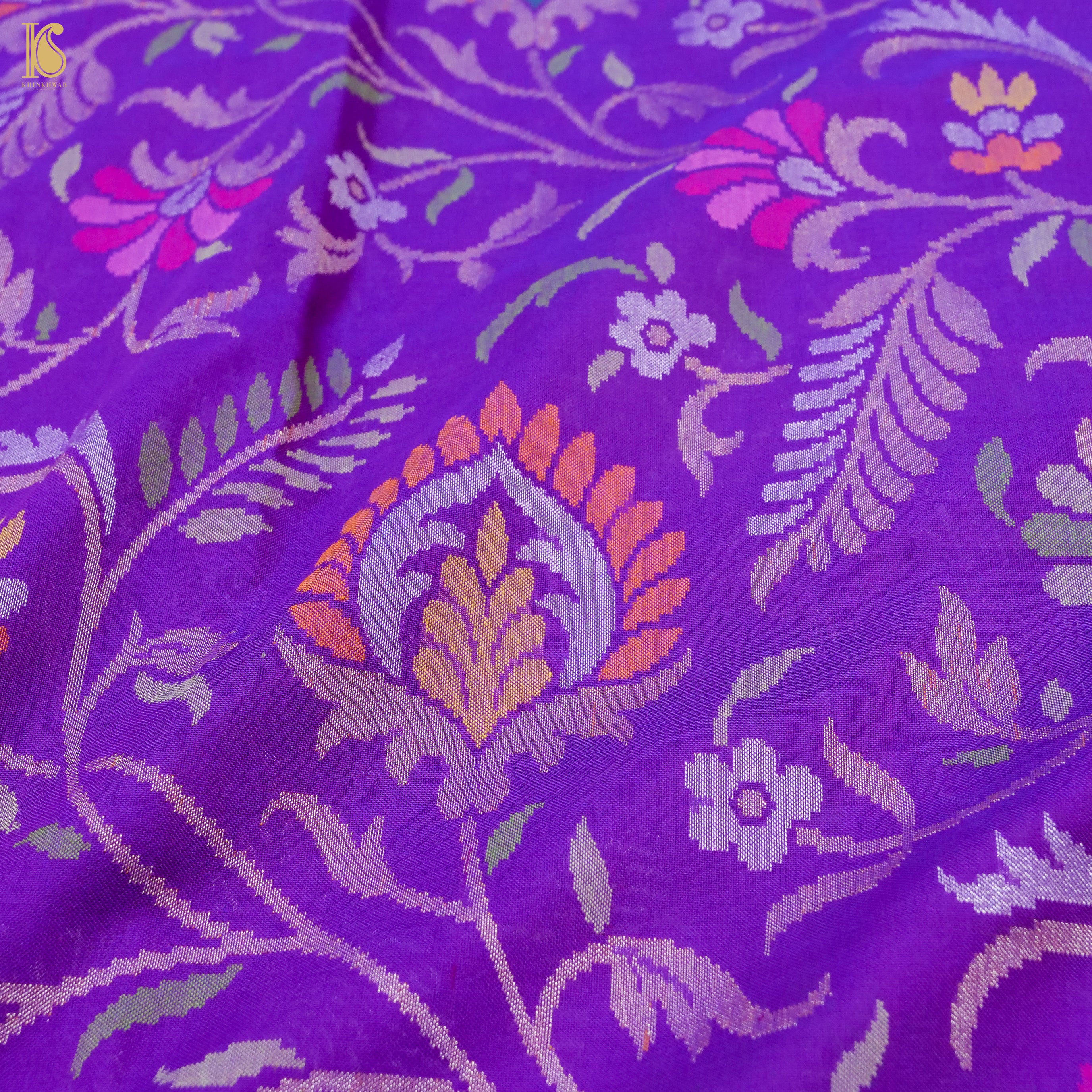 Purple Handwoven Pure Silk Real Zari Banarasi Meenakari Jamdani Saree - Khinkhwab