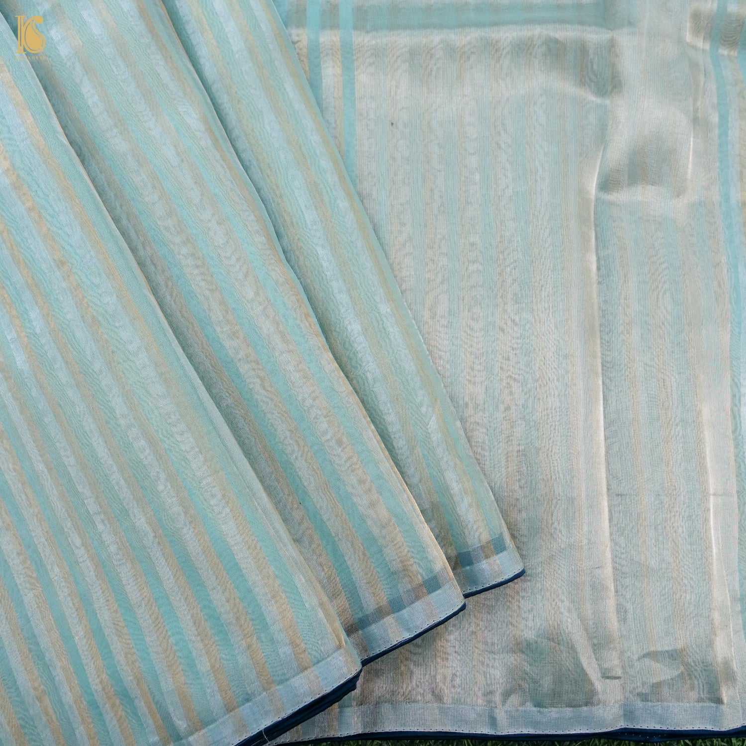 Jungle Mist Blue Kora by Tissue Stripes Saree - Khinkhwab