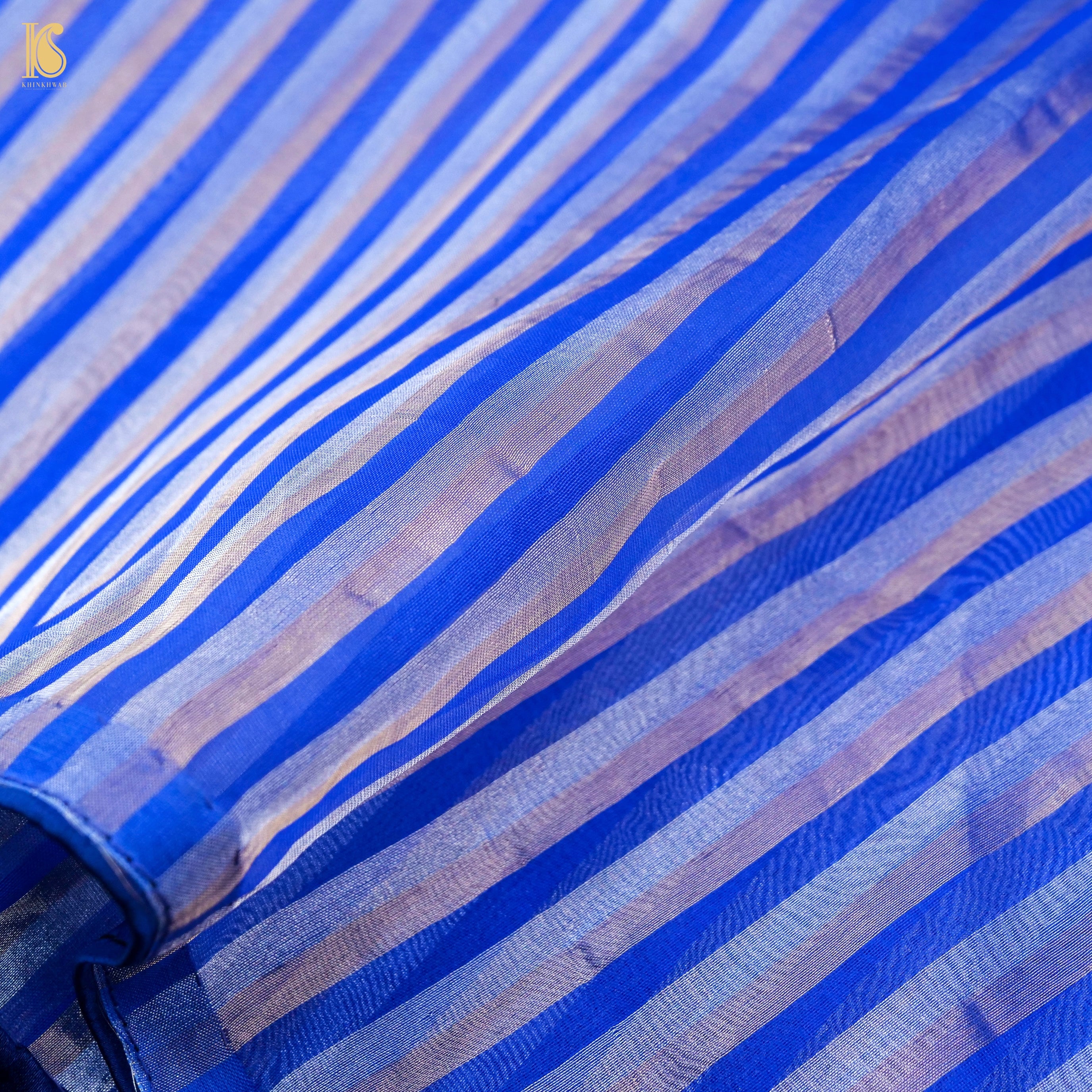 Persian Blue Pure Banarasi Kora by Tissue Stripes Saree - Khinkhwab