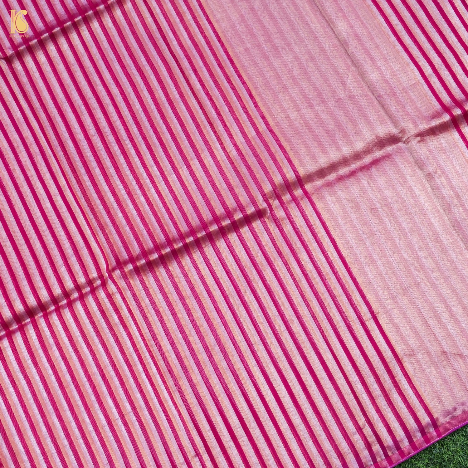 Mulberry Pink Pure Banarasi Kora by Tissue Stripes Saree - Khinkhwab