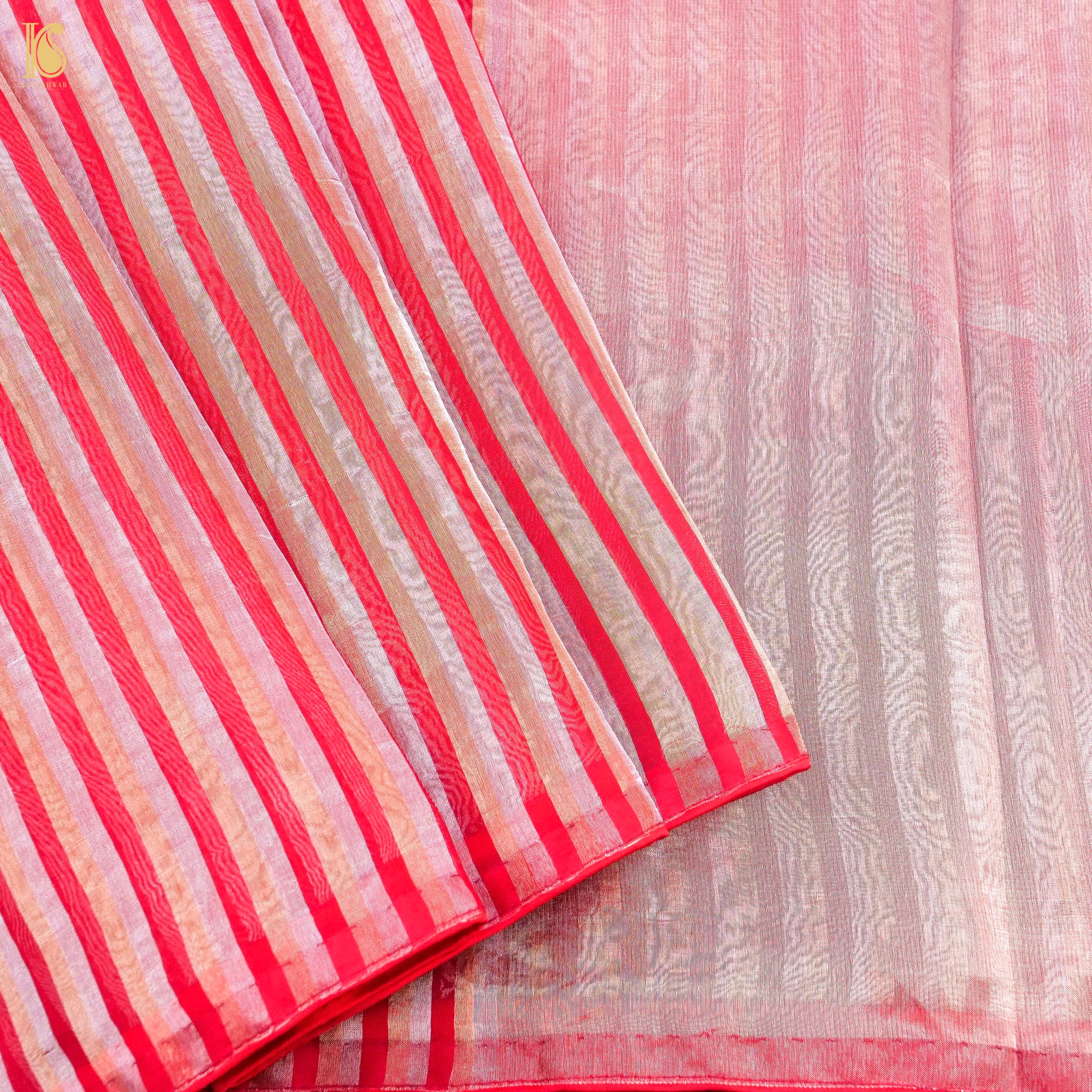 Red Pure Banarasi Kora by Tissue Stripes Saree - Khinkhwab