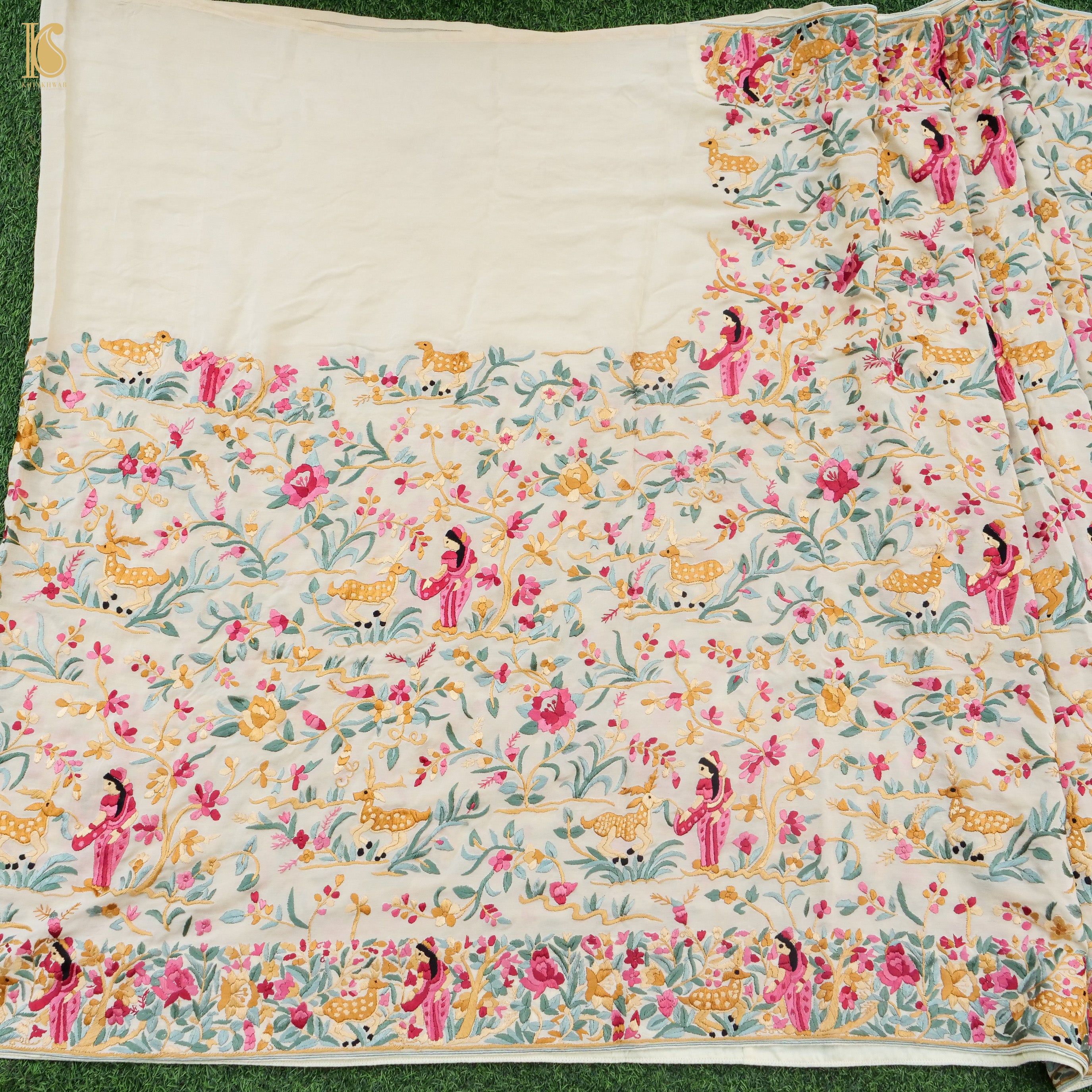 Pearl White Handcrafted Parsi Gara Pure Crepe Jaal Saree - Khinkhwab