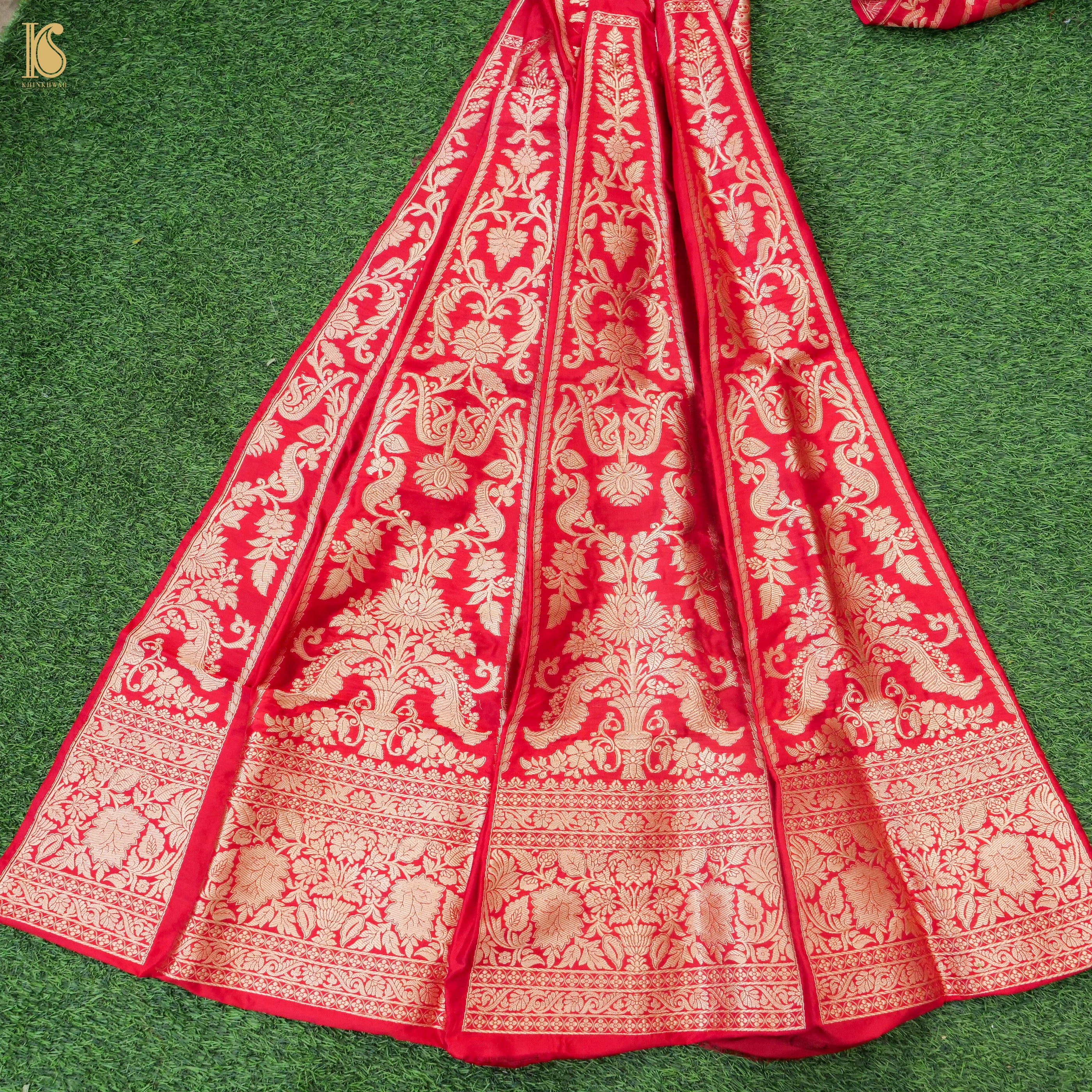 Red Pure Katan Silk Handloom Banarasi Kalidar Lehenga - Khinkhwab