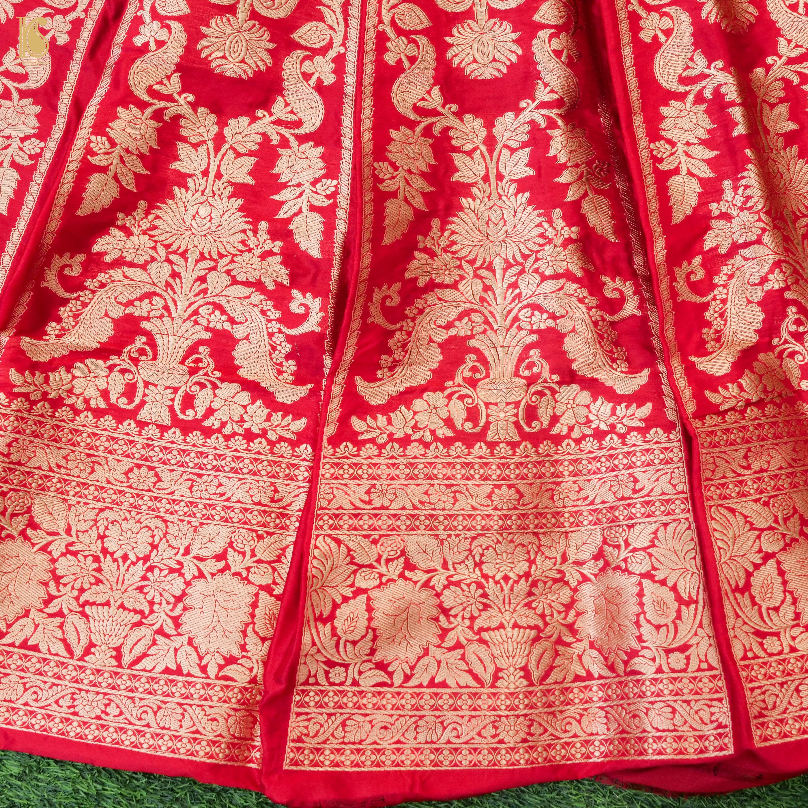 Red Pure Katan Silk Handloom Banarasi Kalidar Lehenga - Khinkhwab