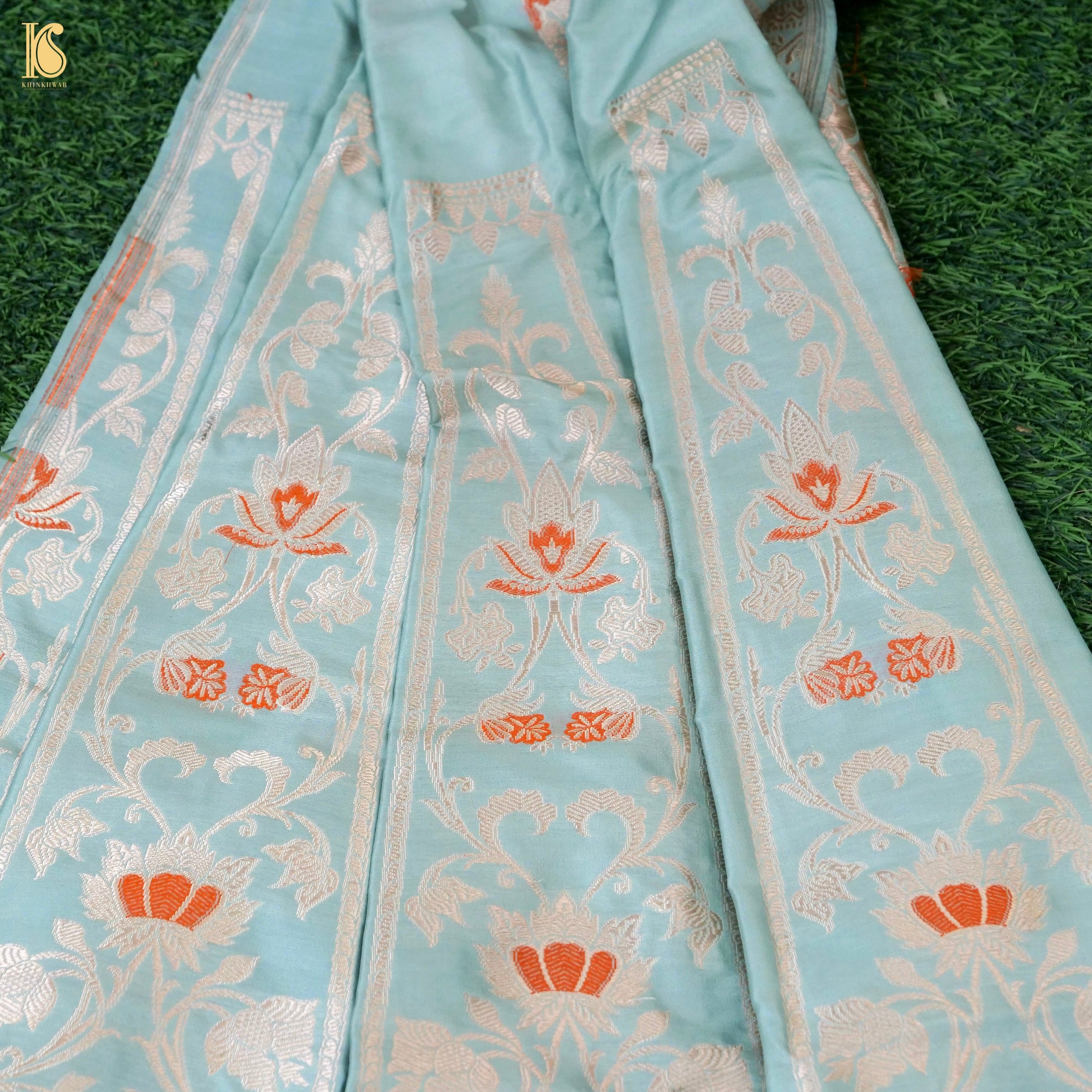 Regent St Blue Pure Katan Silk Handloom Banarasi Kalidar Lehenga - Khinkhwab