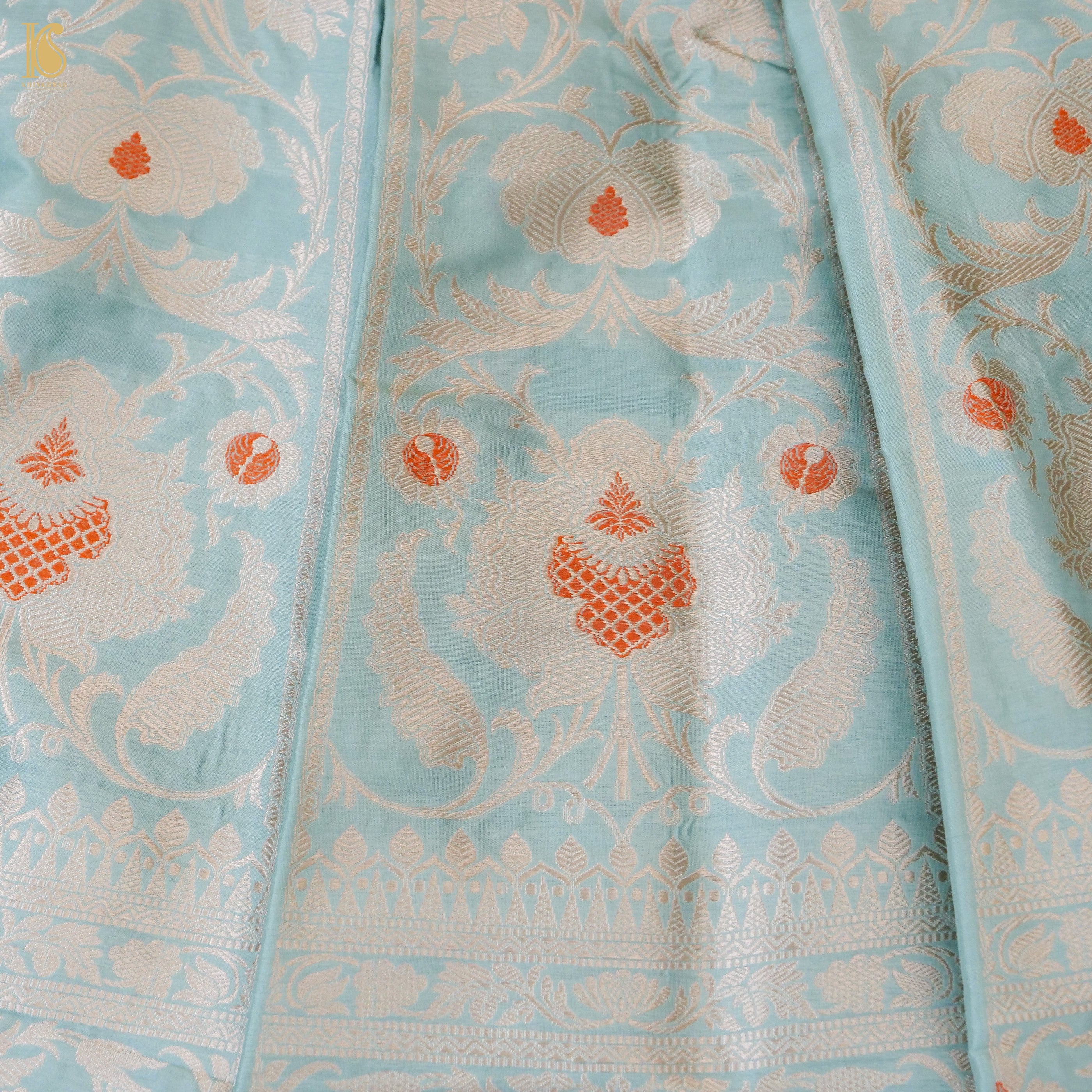 Regent St Blue Pure Katan Silk Handloom Banarasi Kalidar Lehenga - Khinkhwab