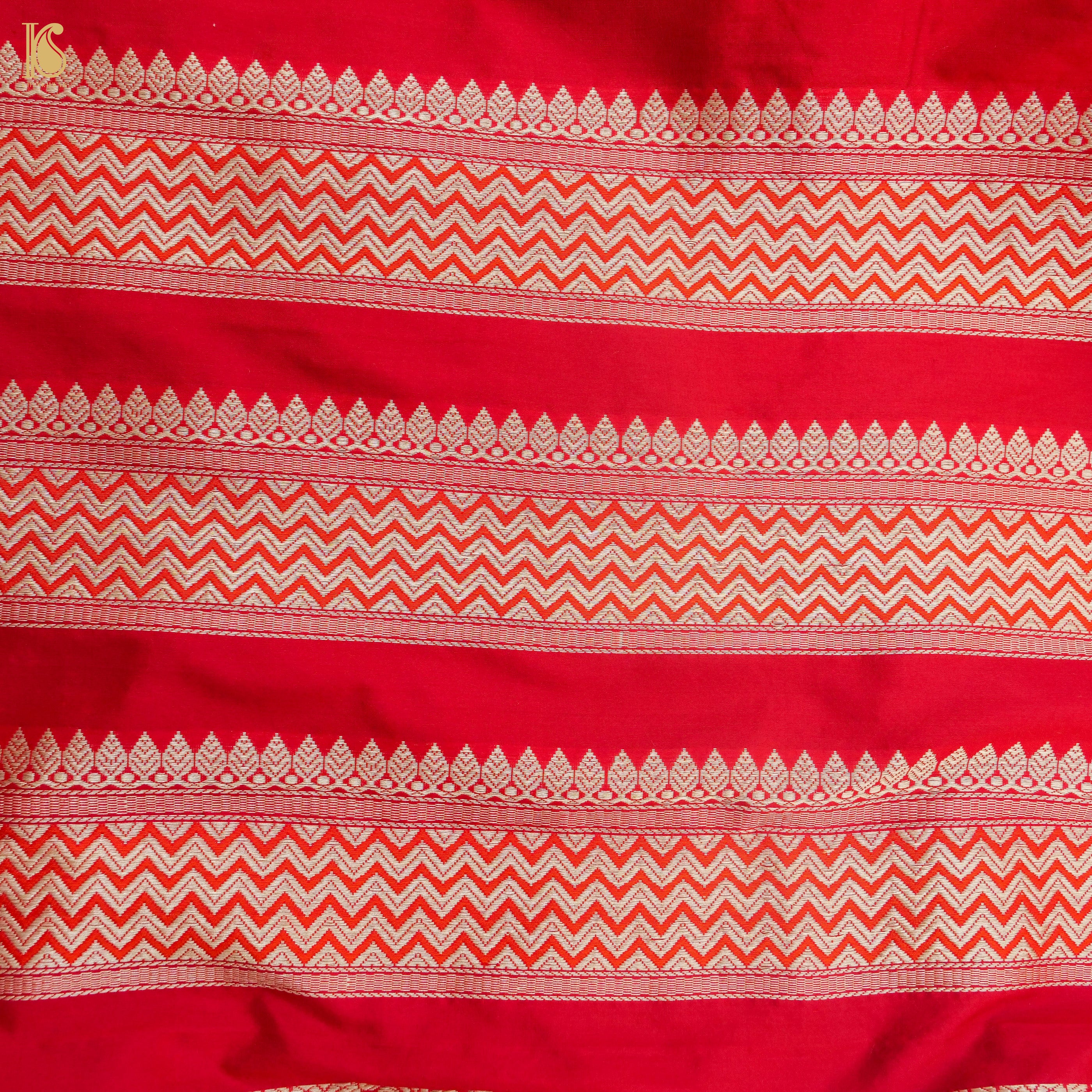 Carmine Red Pure Katan Silk Handloom Banarasi Kalidar Chevron Lehenga - Khinkhwab