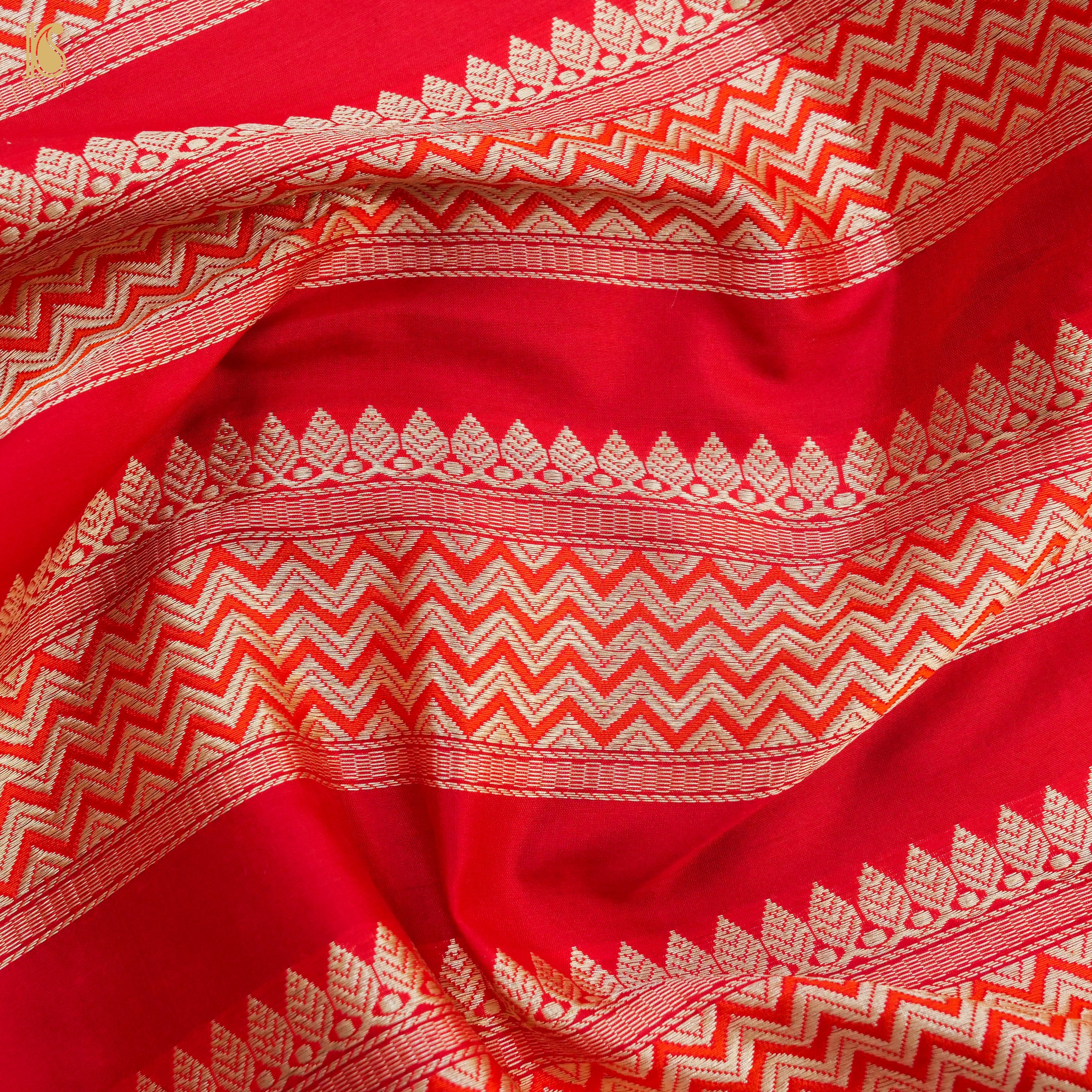 Carmine Red Pure Katan Silk Handloom Banarasi Kalidar Chevron Lehenga - Khinkhwab