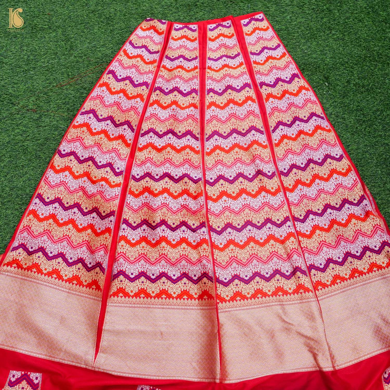 Carmine Red Pure Katan Silk Handloom Banarasi Kalidar Chevron Lehenga - Khinkhwab