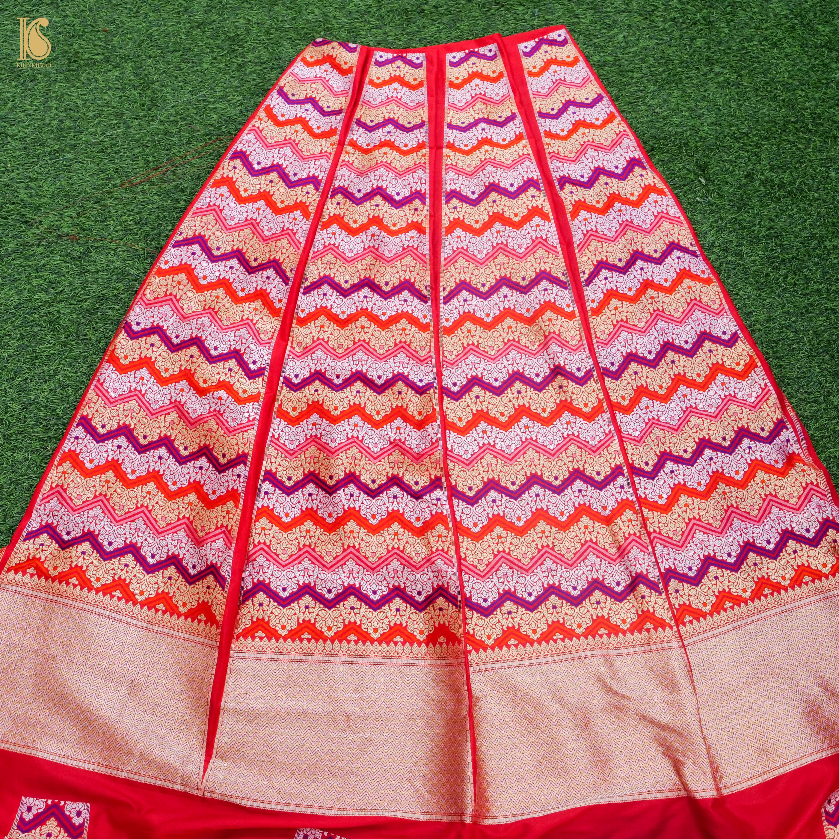 Carmine Red Pure Katan Silk Handloom Banarasi Kalidar Chevron Lehenga - Khinkhwab