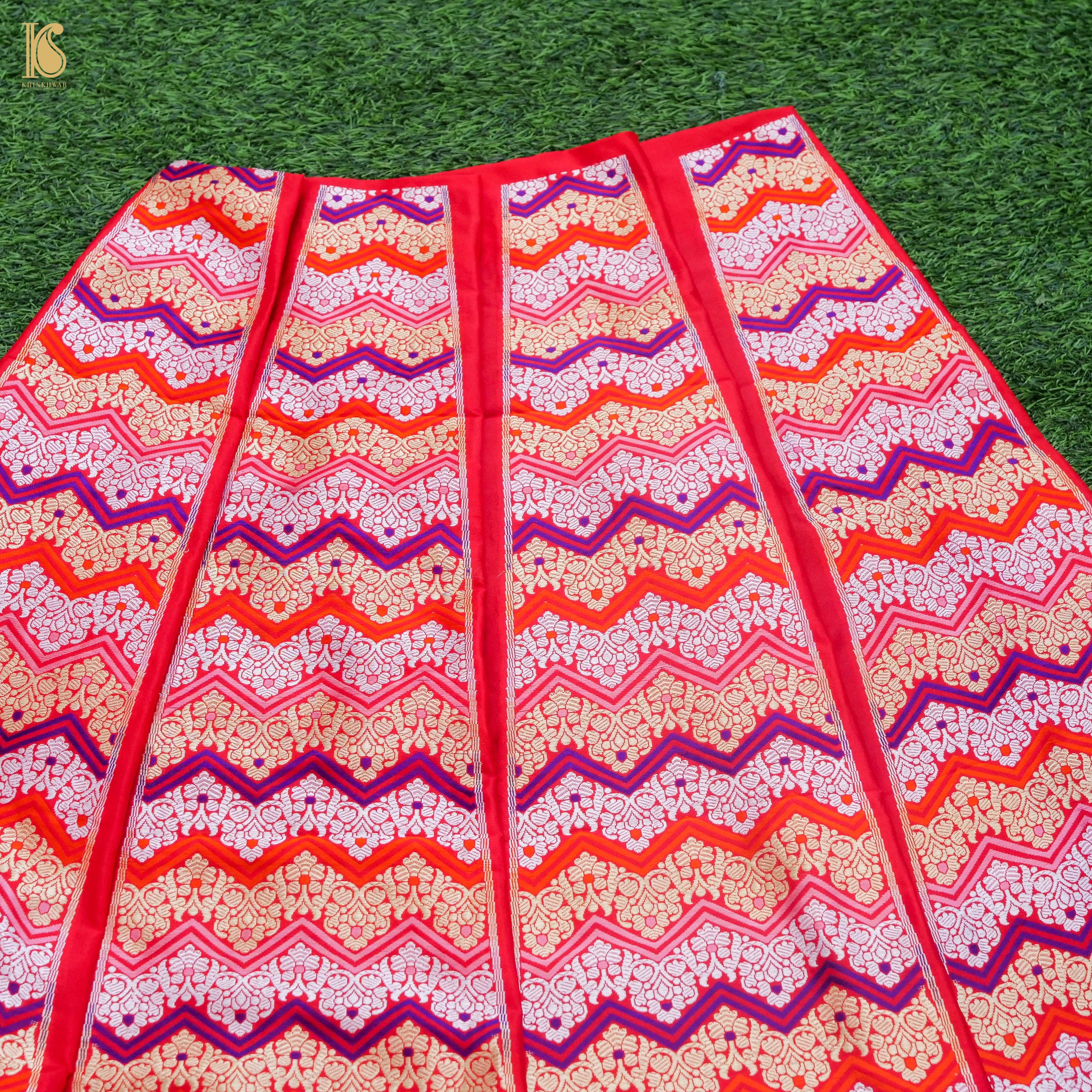 Carmine Red Pure Katan Silk Handloom Banarasi Kalidar Chevron Lehenga - Khinkhwab