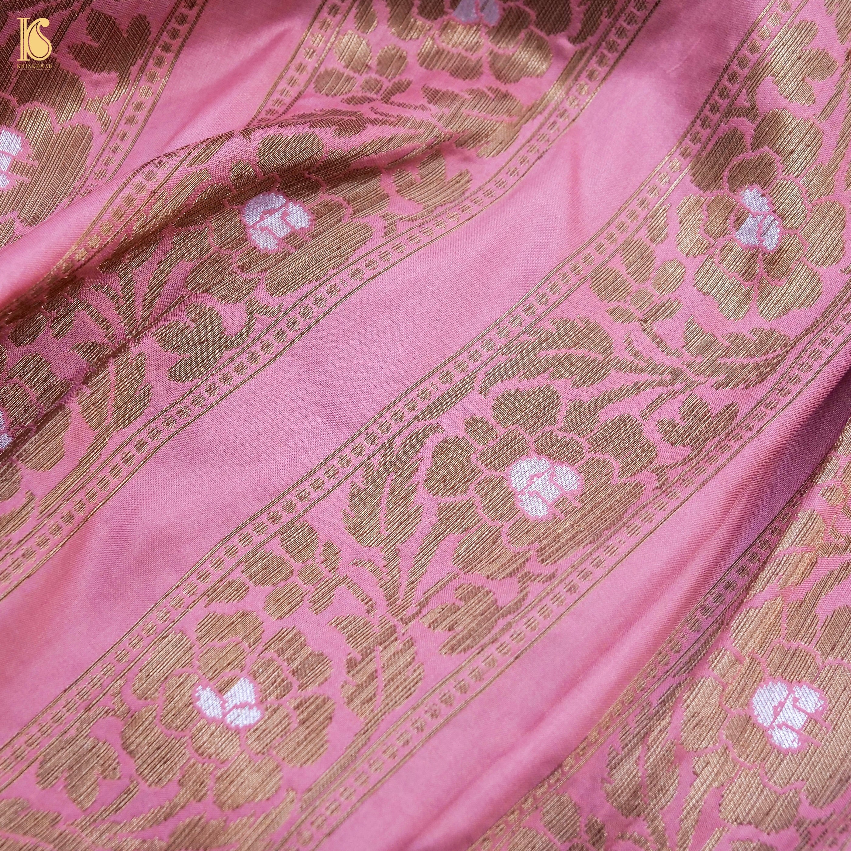 Sundown Pink Pure Katan Silk Handloom Banarasi Kalidar Peacock Lehenga - Khinkhwab