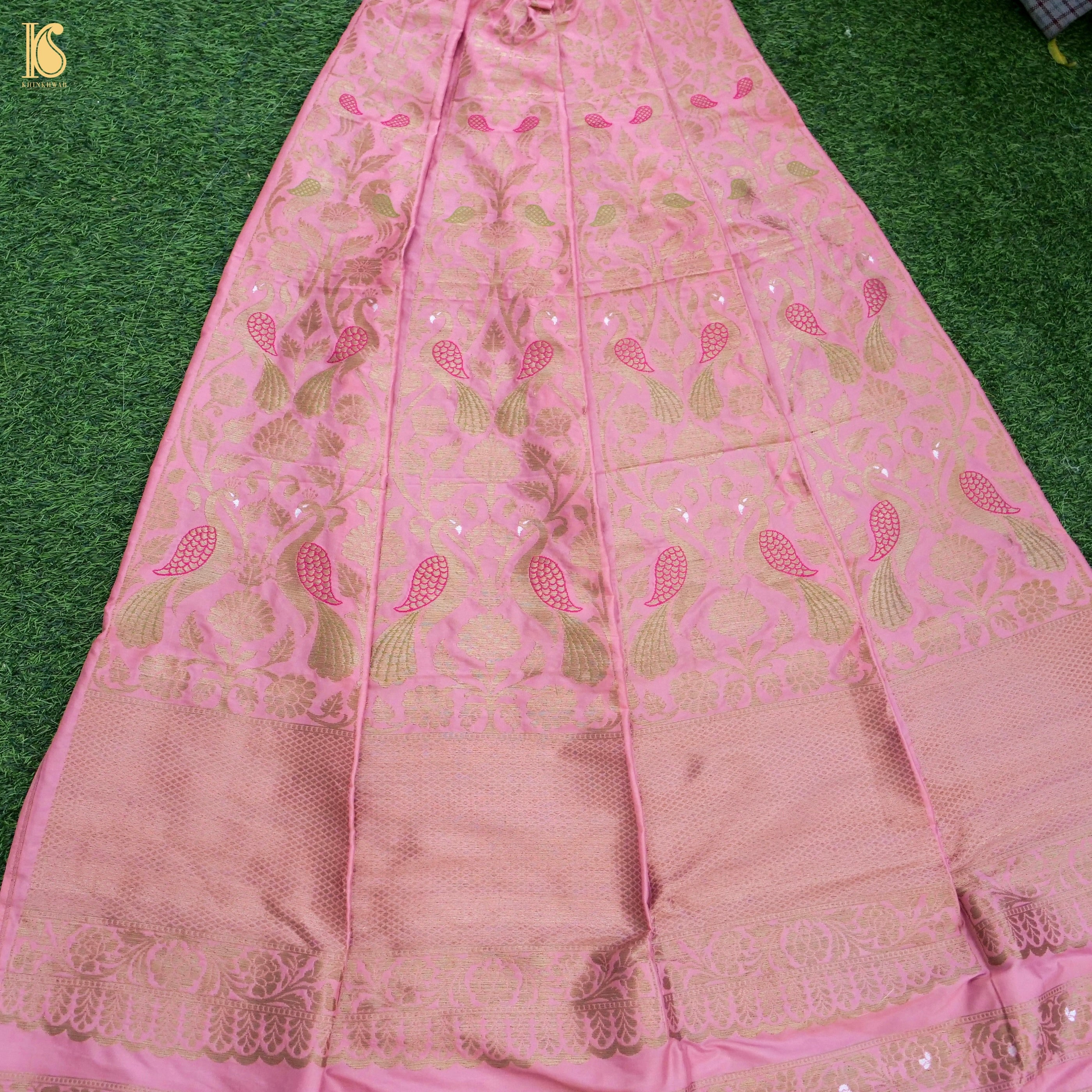 Sundown Pink Pure Katan Silk Handloom Banarasi Kalidar Peacock Lehenga - Khinkhwab