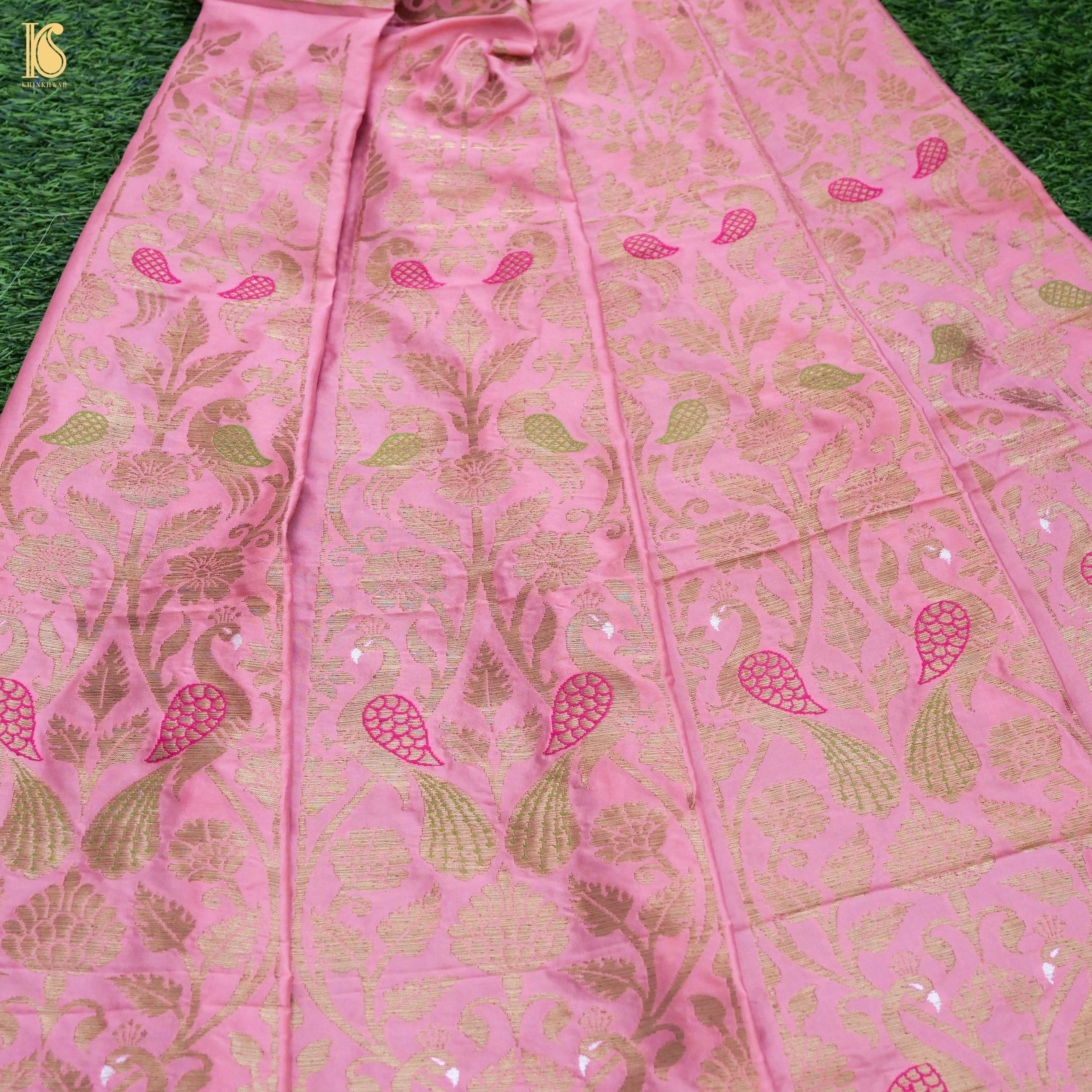 Sundown Pink Pure Katan Silk Handloom Banarasi Kalidar Peacock Lehenga - Khinkhwab