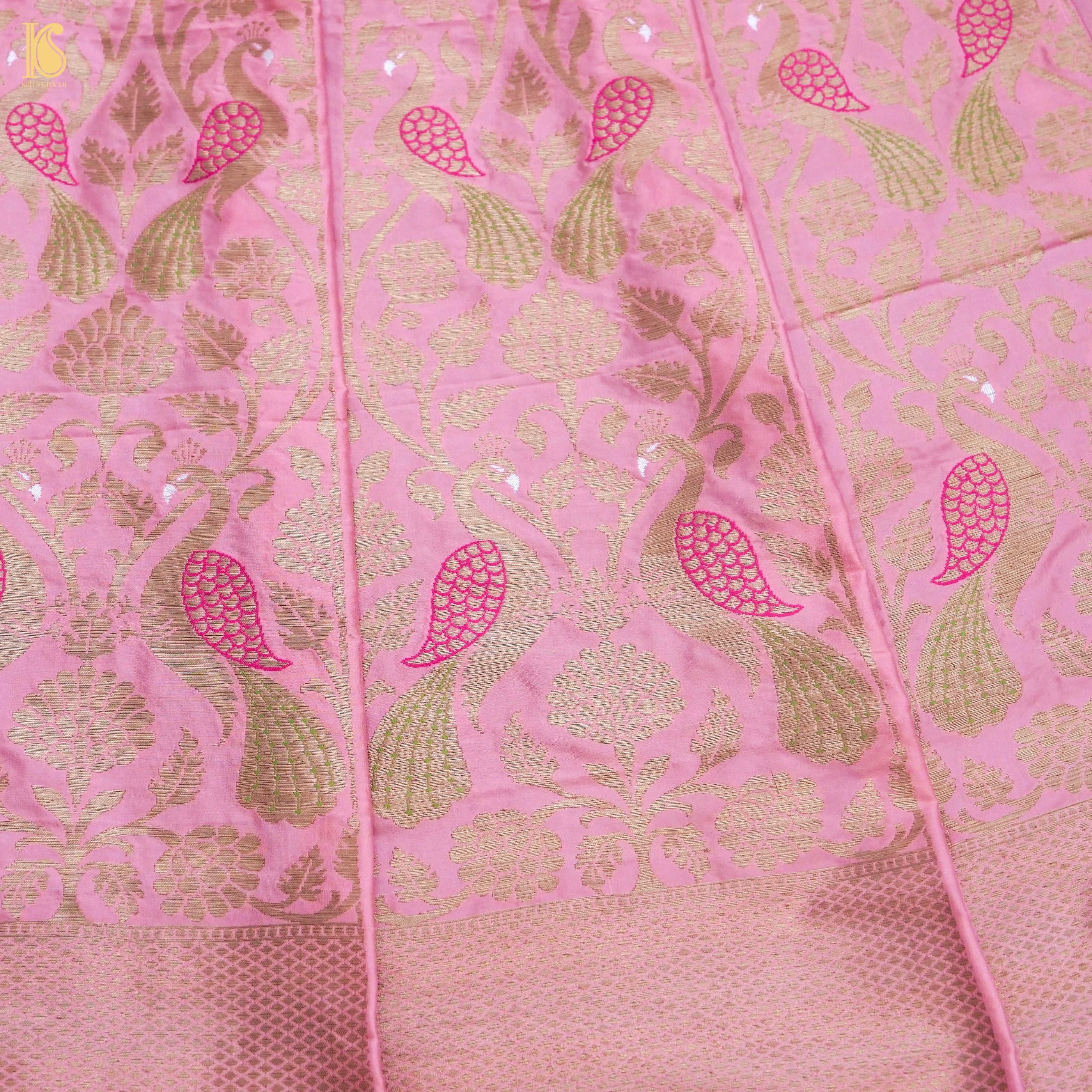 Sundown Pink Pure Katan Silk Handloom Banarasi Kalidar Peacock Lehenga - Khinkhwab