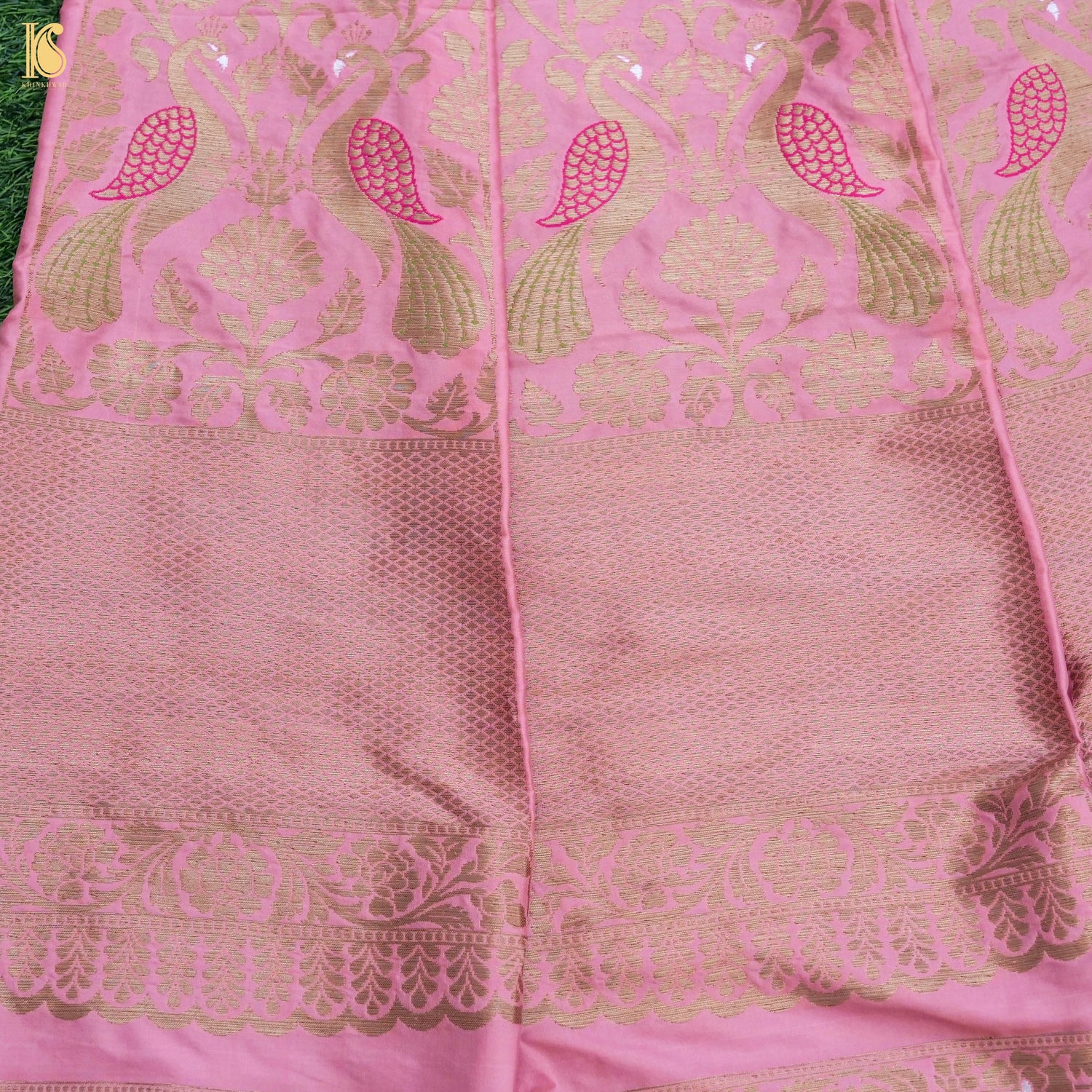 Sundown Pink Pure Katan Silk Handloom Banarasi Kalidar Peacock Lehenga - Khinkhwab