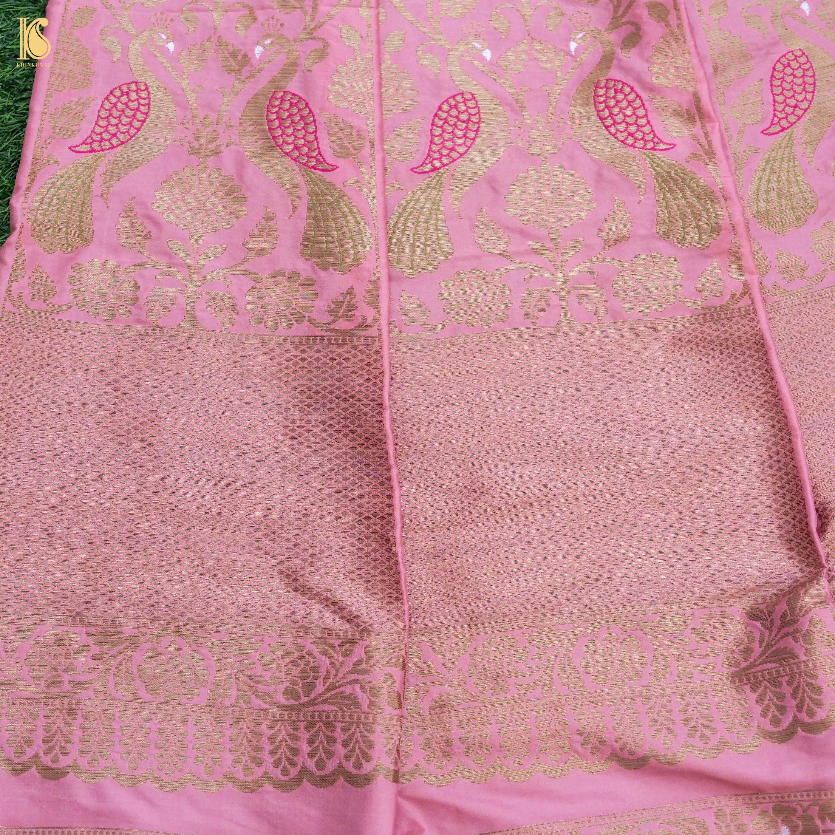 Sundown Pink Pure Katan Silk Handloom Banarasi Kalidar Peacock Lehenga - Khinkhwab