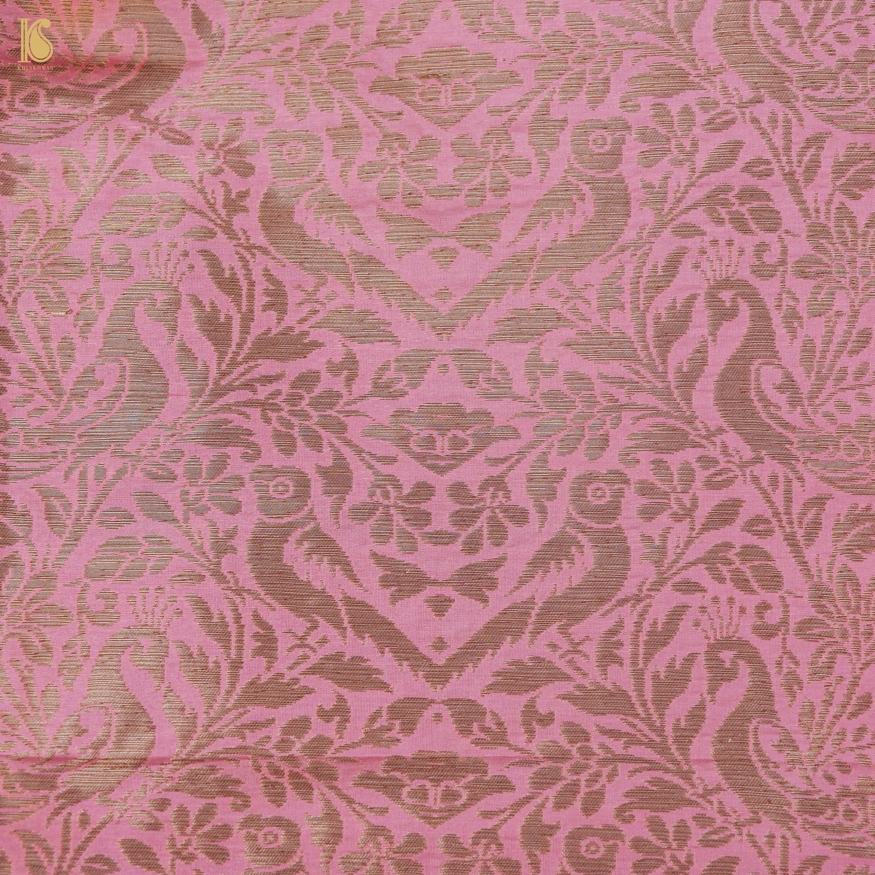 Sundown Pink Pure Katan Silk Handloom Banarasi Kalidar Peacock Lehenga - Khinkhwab