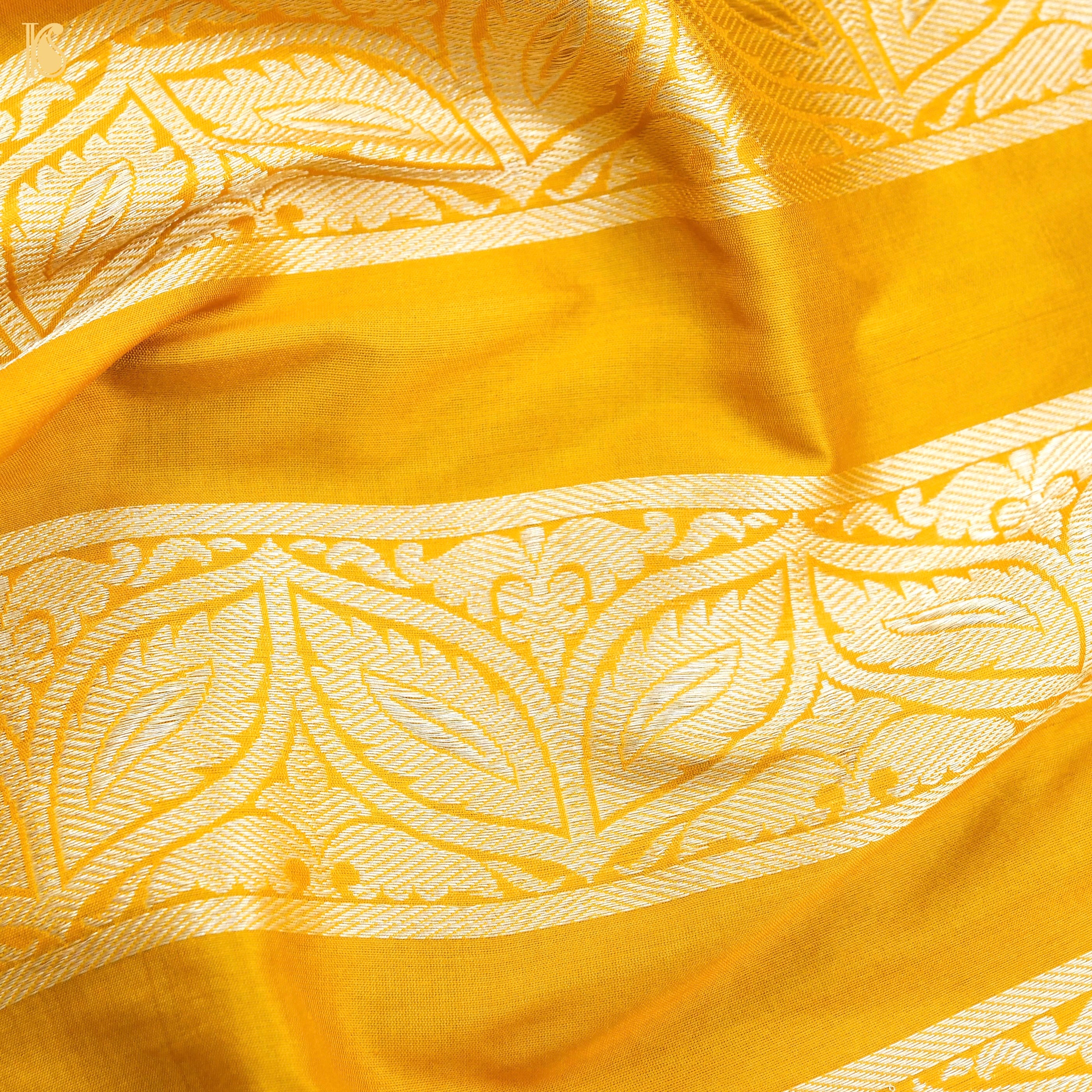Yellow Pure Katan Silk Handloom Banarasi Kalidar Crane Lehenga - Khinkhwab