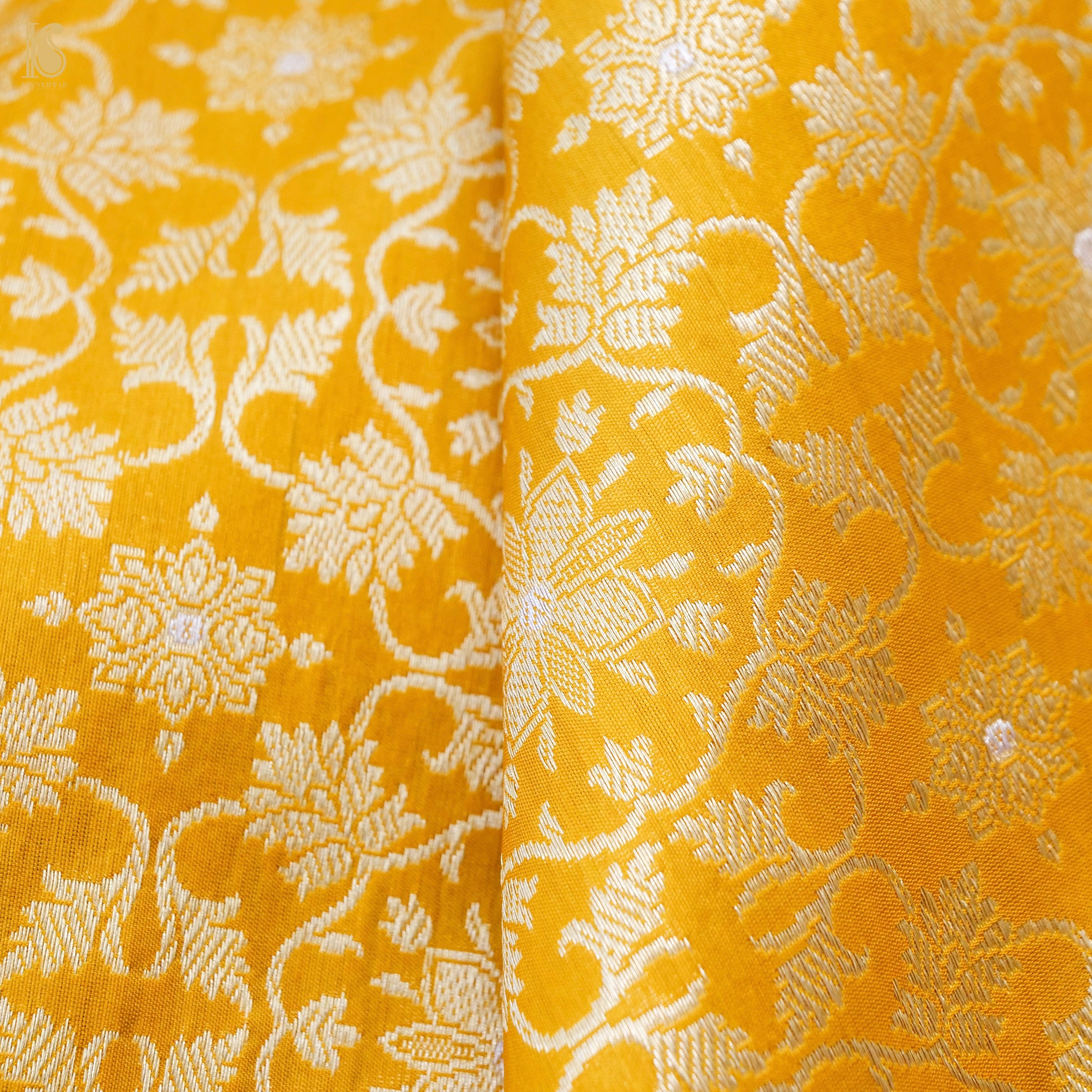 Yellow Pure Katan Silk Handloom Banarasi Kalidar Crane Lehenga - Khinkhwab