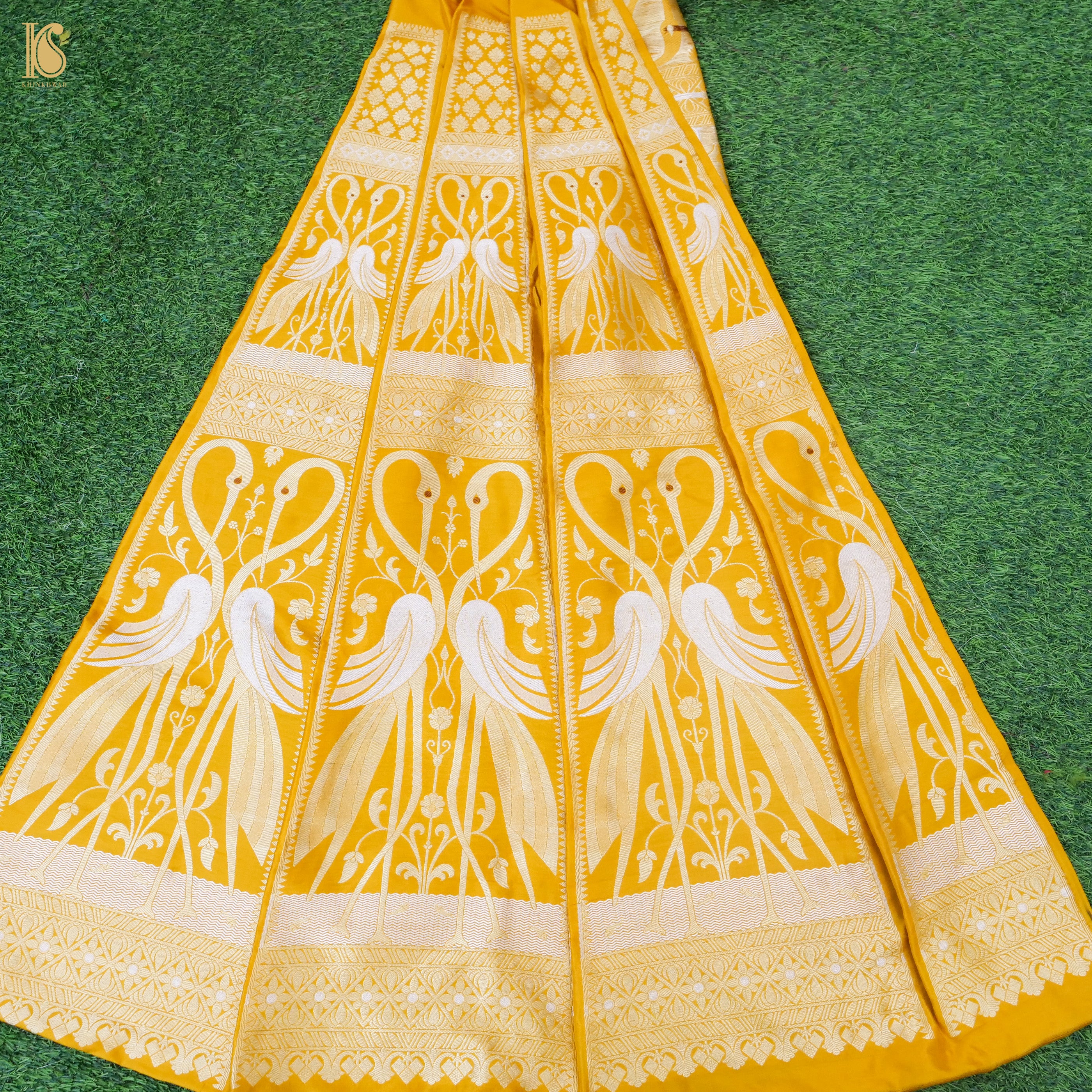 Yellow Pure Katan Silk Handloom Banarasi Kalidar Crane Lehenga - Khinkhwab