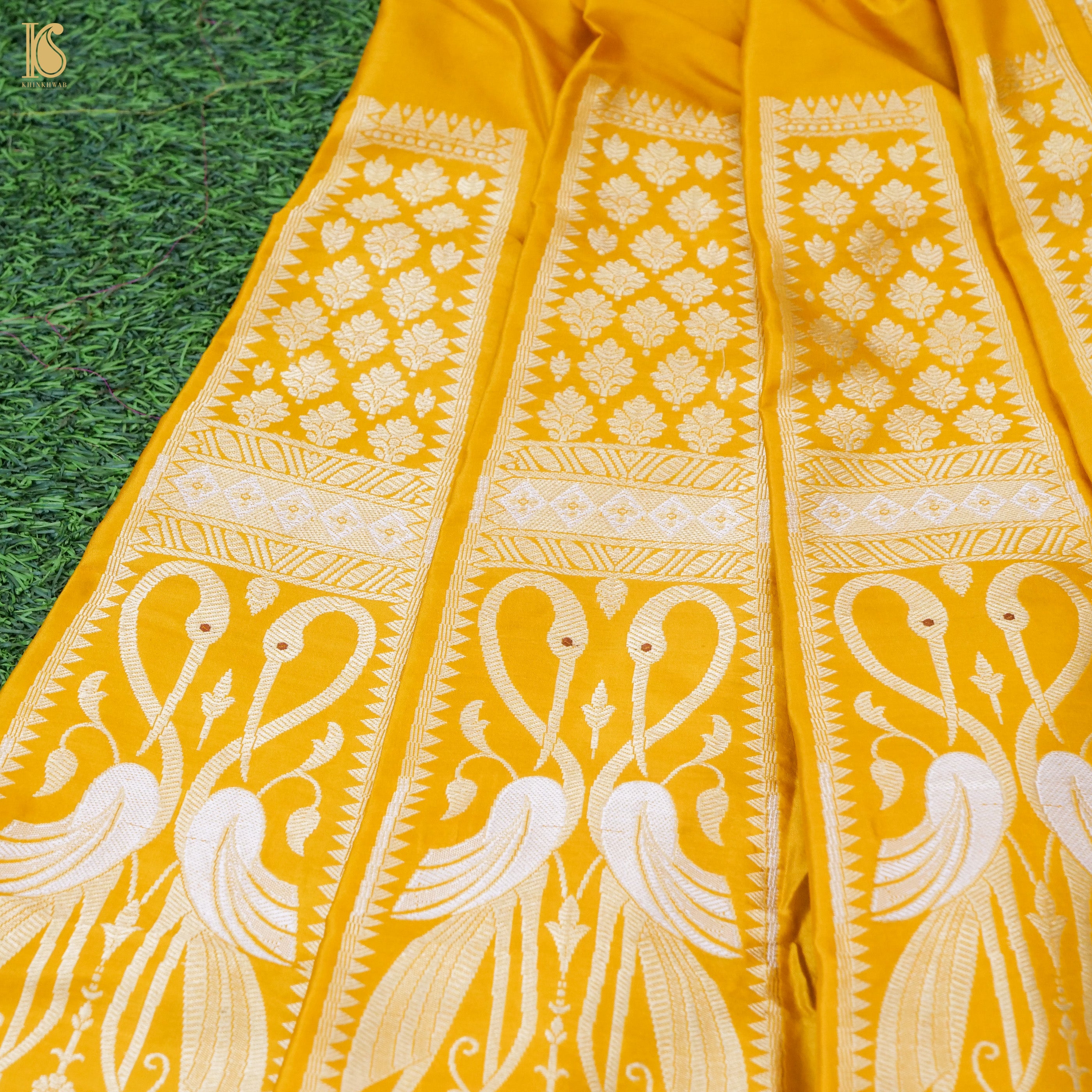 Yellow Pure Katan Silk Handloom Banarasi Kalidar Crane Lehenga - Khinkhwab