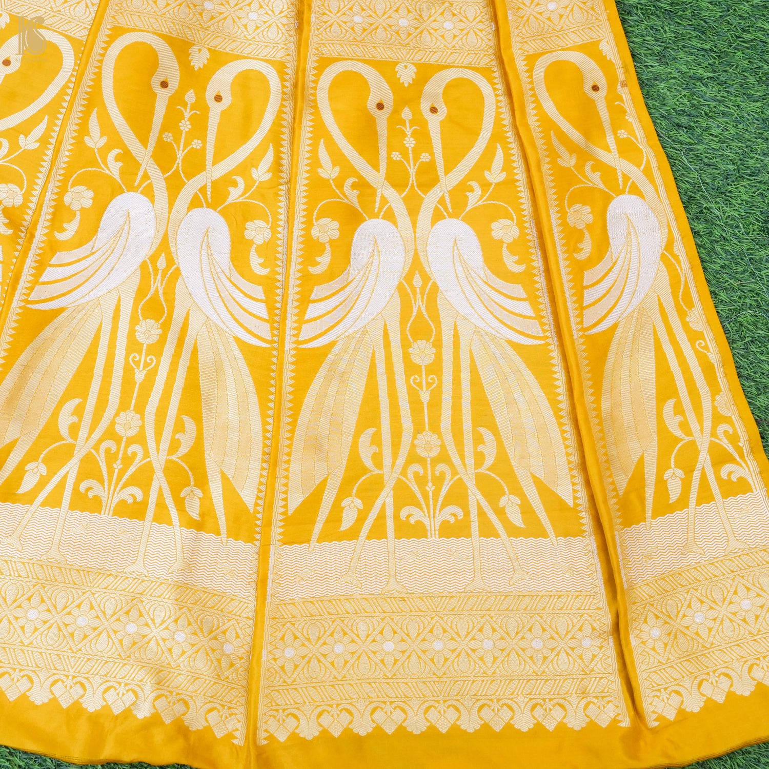 Yellow Pure Katan Silk Handloom Banarasi Kalidar Crane Lehenga - Khinkhwab
