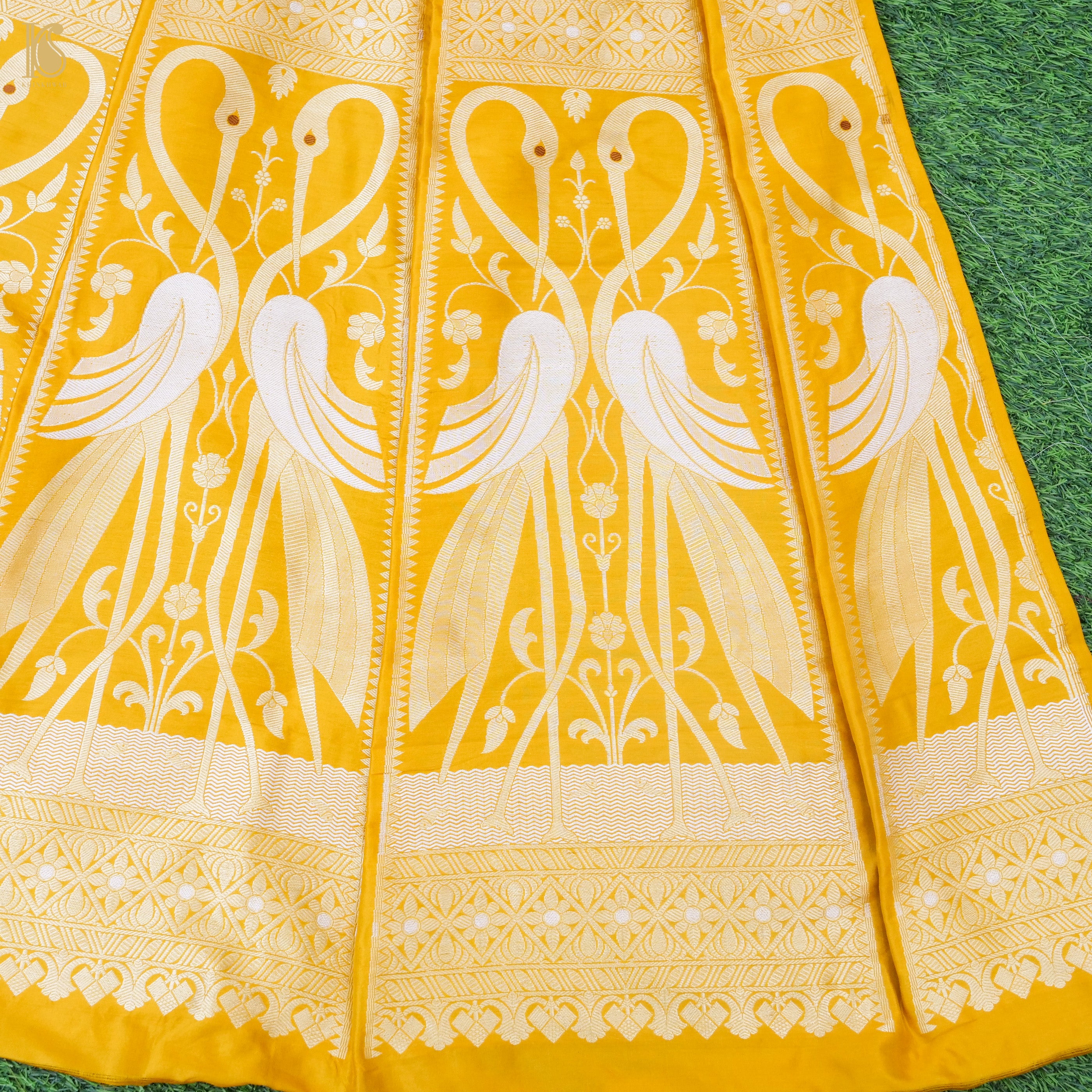 Yellow Pure Katan Silk Handloom Banarasi Kalidar Crane Lehenga - Khinkhwab