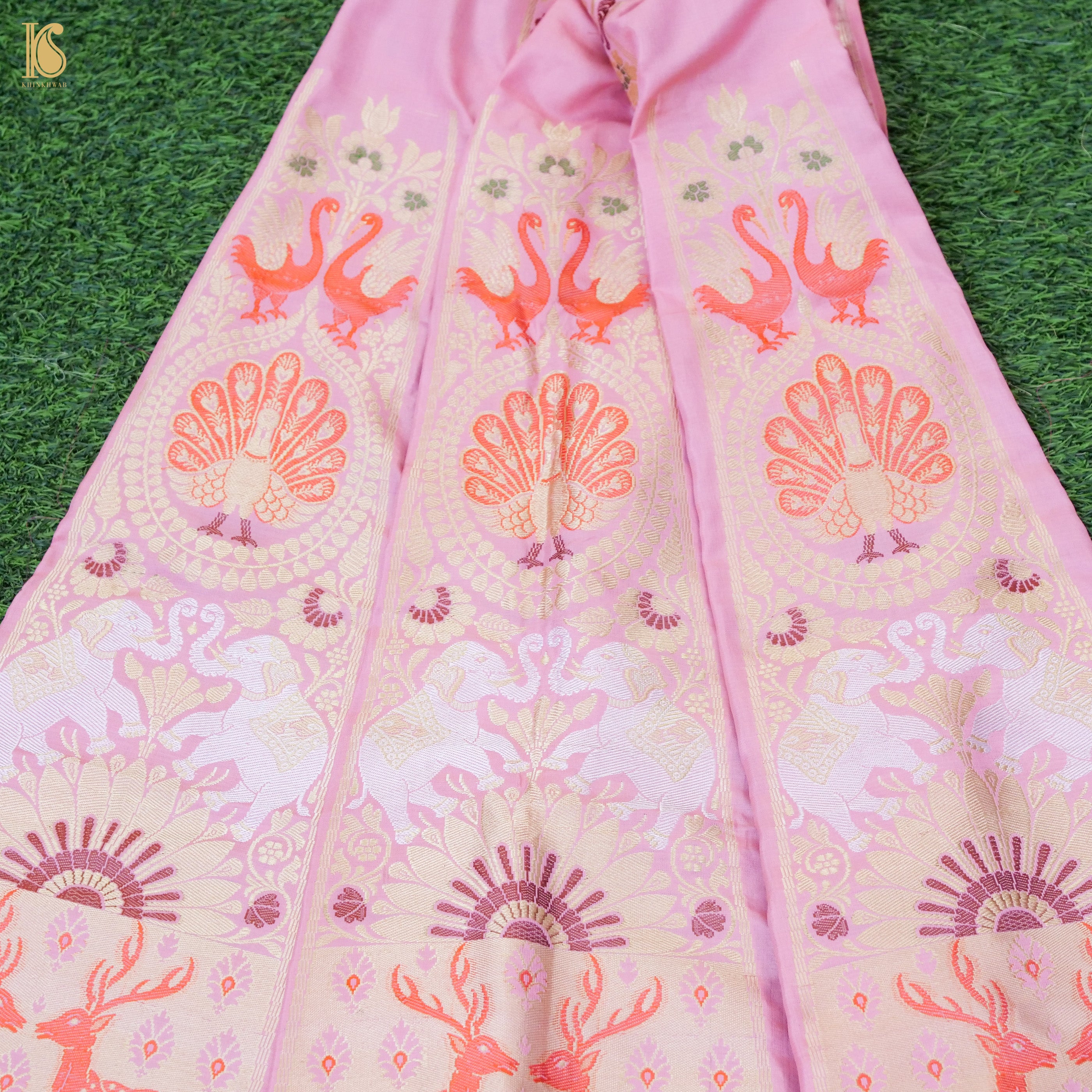 Twilight Pink Pure Katan Silk Handloom Banarasi Kalidar Shikargah Lehenga - Khinkhwab