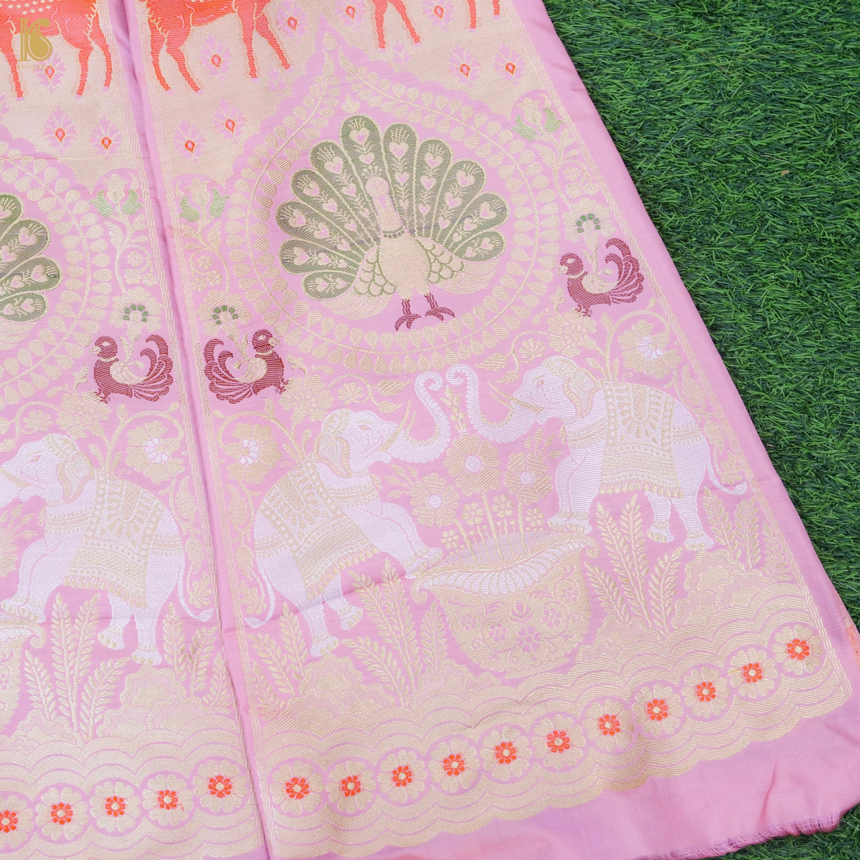 Twilight Pink Pure Katan Silk Handloom Banarasi Kalidar Shikargah Lehenga - Khinkhwab