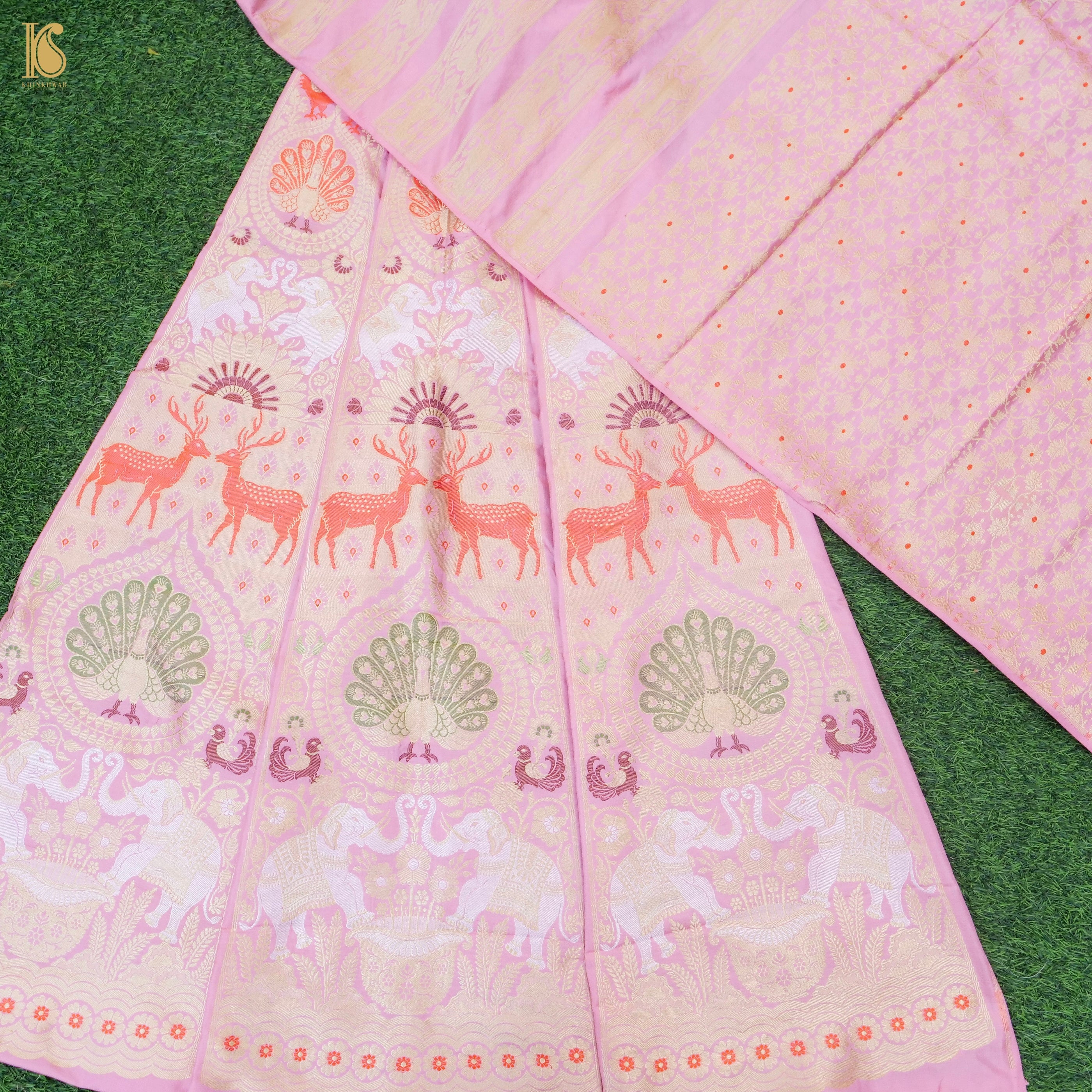 Twilight Pink Pure Katan Silk Handloom Banarasi Kalidar Shikargah Lehenga - Khinkhwab
