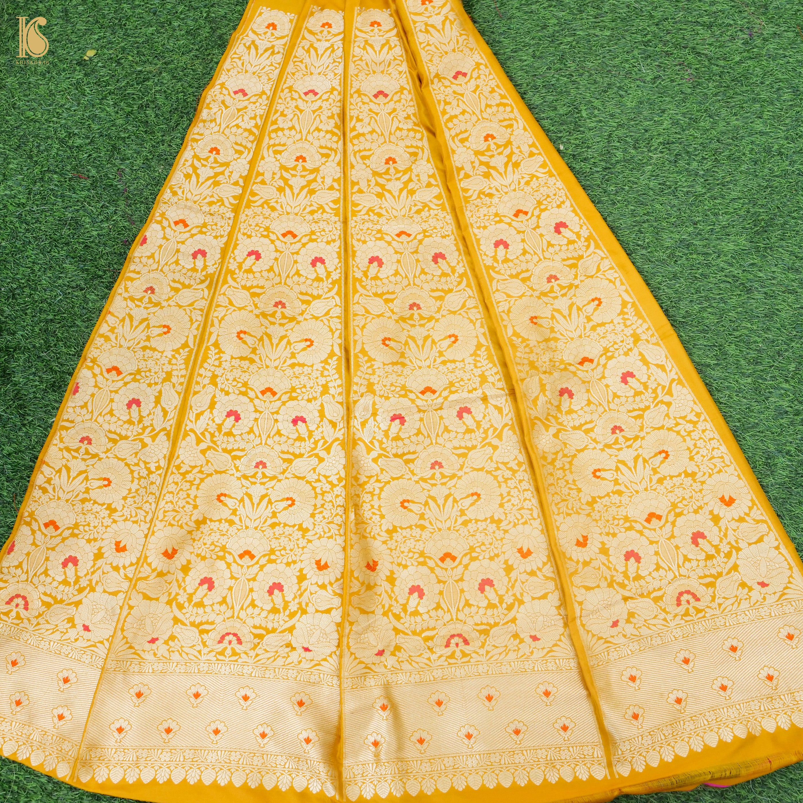Gamboge Yellow Pure Katan Silk Handloom Banarasi Kalidar Lehenga - Khinkhwab